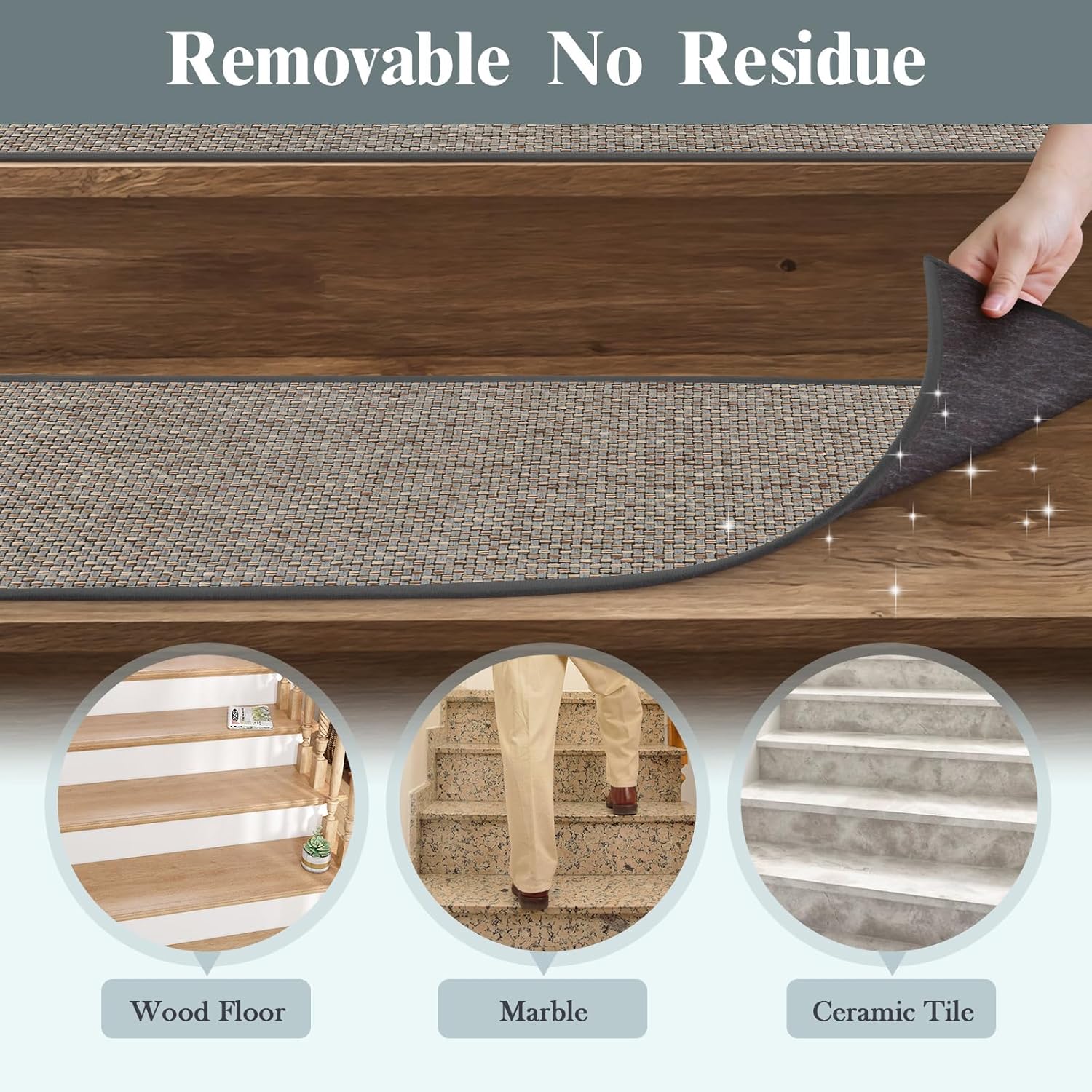 Lahomerug Stair Treads Non Slip 15PCS 8"x30" Linen Stair Runner, Self-Adhesive Peel and Stick Stair Treads for Wooden Steps, Washable Anti-Slip Backing Indoor Staircase Step Treads for Kids Elders Dogs, Anti-slip floor mats for use on staircases Lahomerug Lahome