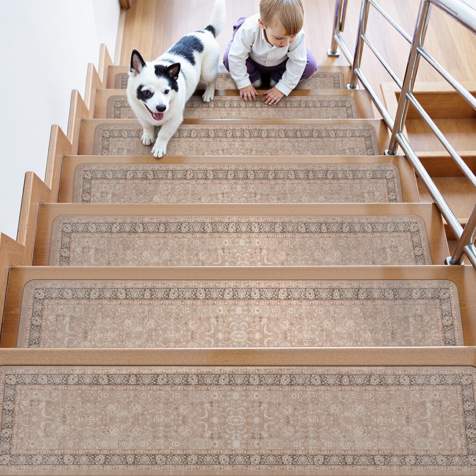 LahomeGlobal Vintage Stair Treads for Wooden Steps Indoor 15PCS 30"x8" Non-Slip Stair Runner Carpet Stair Treads Mats Staircase Step Treads for Kids, Elders and Dogs, Rubber Step Covers, Anti-slip floor mats for use on staircases LahomeGlobal Lahome
