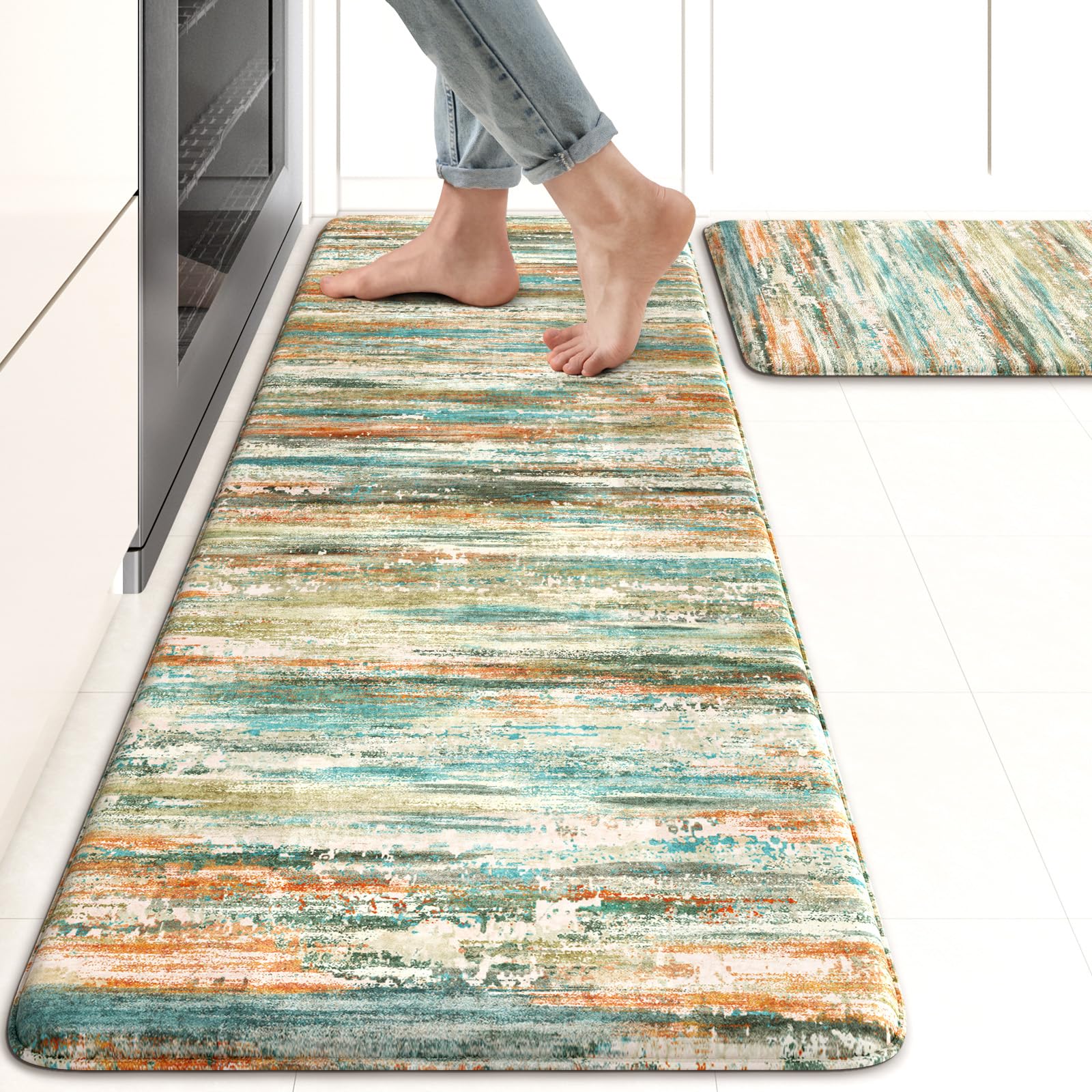 Lahomerugs Anti Fatigue Kitchen Mats 17"x47"+17"x29", Abstract Kitchen Rugs Sets of 2, Non Slip Kitchen Mats for Floor, Anti-fatigue floor mats, Cushioned Comfort Standing Mats for Sink, Laundry, Office, Desk Multi-Blue Lahomerugs Lahome 17.3" x 47"+17.3" x 29"--0.47 inches Colorful/Multi