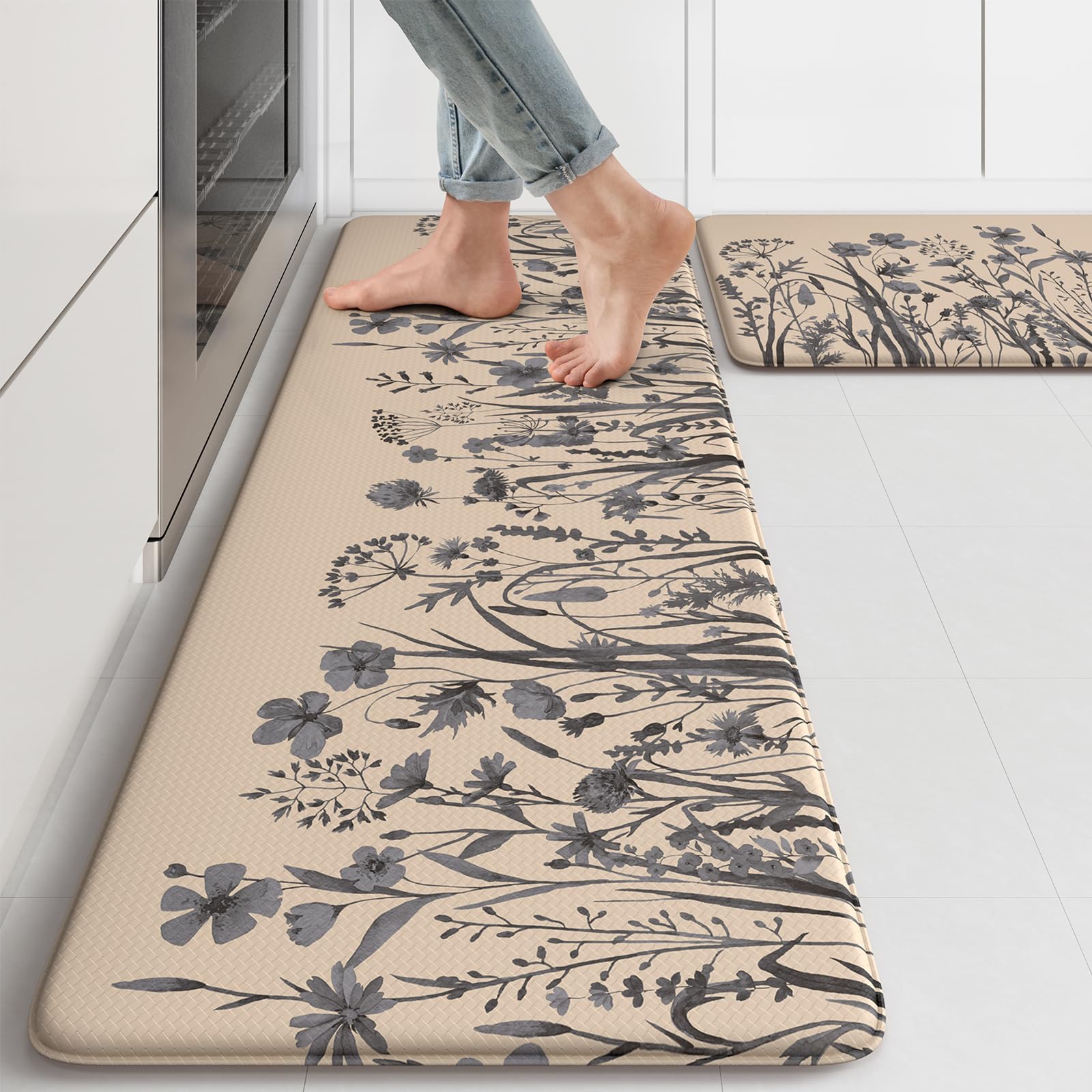 Lahomerug Anti Fatigue Mats for Kitchen Floor 17"x59"+17"x29", Farmhouse Floral Kitchen Rugs, Cushioned Memory Foam Kitchen Mats, Comfort Standing Mat for Laundry, Office, Sink, Desk Brown, Anti-fatigue floor mats Lahomerug Lahome 17.3" x 47"+17.3" x 29"--0.47 inches Brown/Grey