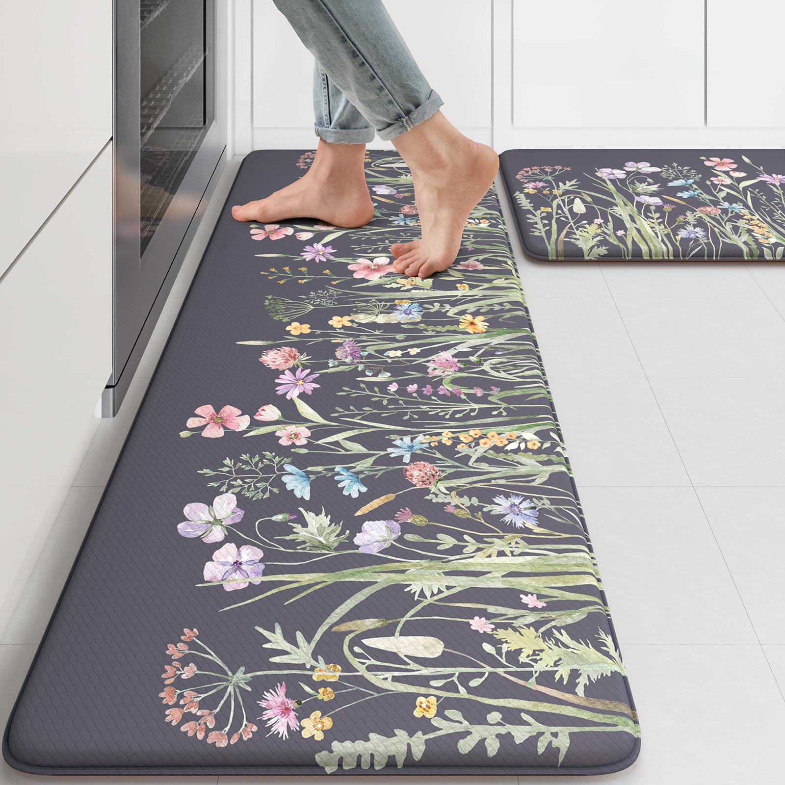 Lahomerug Anti Fatigue Mats for Kitchen Floor 17"x59"+17"x29", Farmhouse Floral Kitchen Rugs, Cushioned Memory Foam Kitchen Mats, Comfort Standing Mat for Laundry, Office, Sink, Desk Brown, Anti-fatigue floor mats Lahomerug Lahome 17.3" x 47"+17.3" x 29"--0.47 inches Floral/Dark Grey/Purple