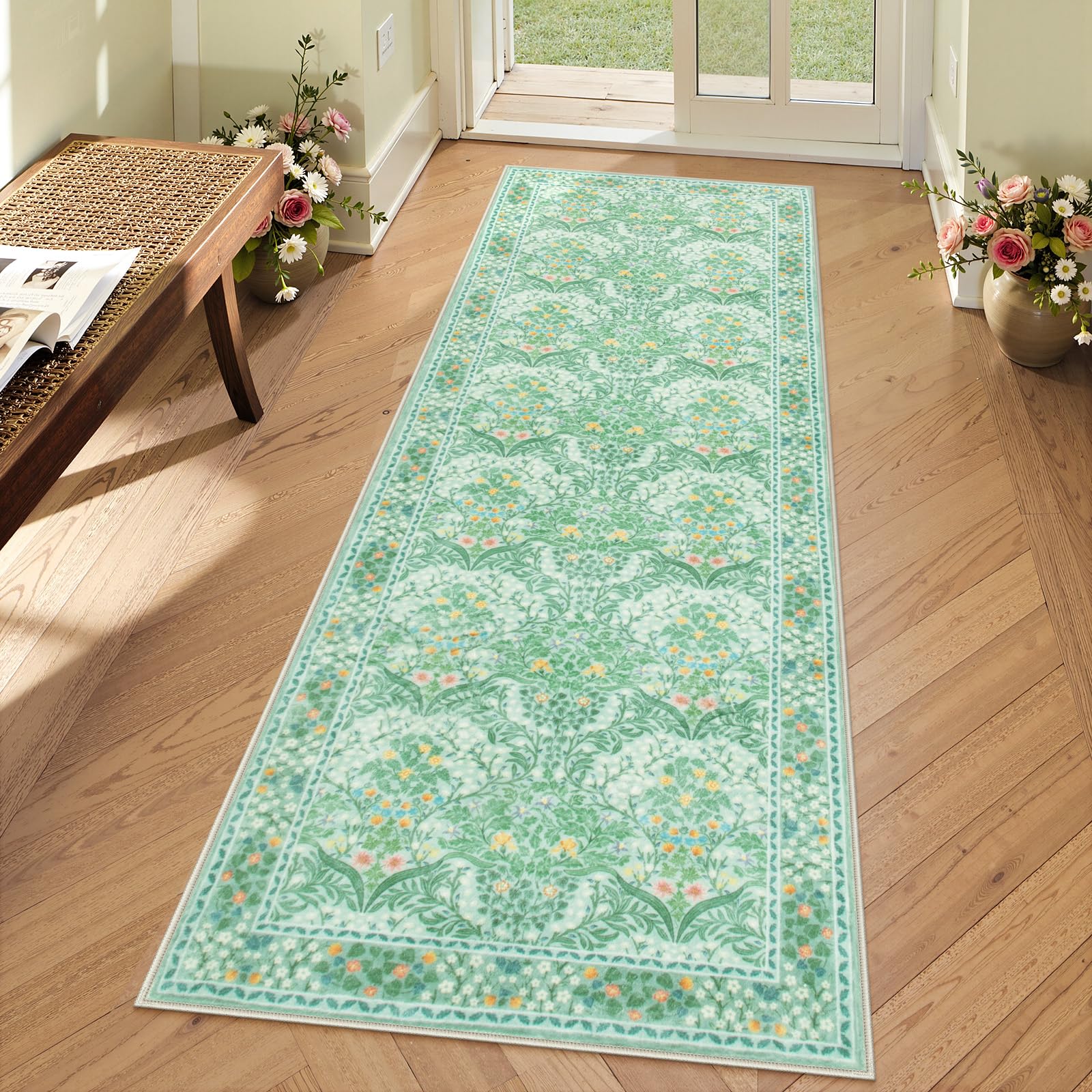 Lahomedecor Floral Area Rugs 5x7, Soft Washable Rugs for Living Room Bedroom, Boho Non Slip Low Pile Forest Design Large Throw Carpet for Farmhouse Dining Room Office, Black, Area rugs Lahomedecor Lahome 2'x6' Sage Green