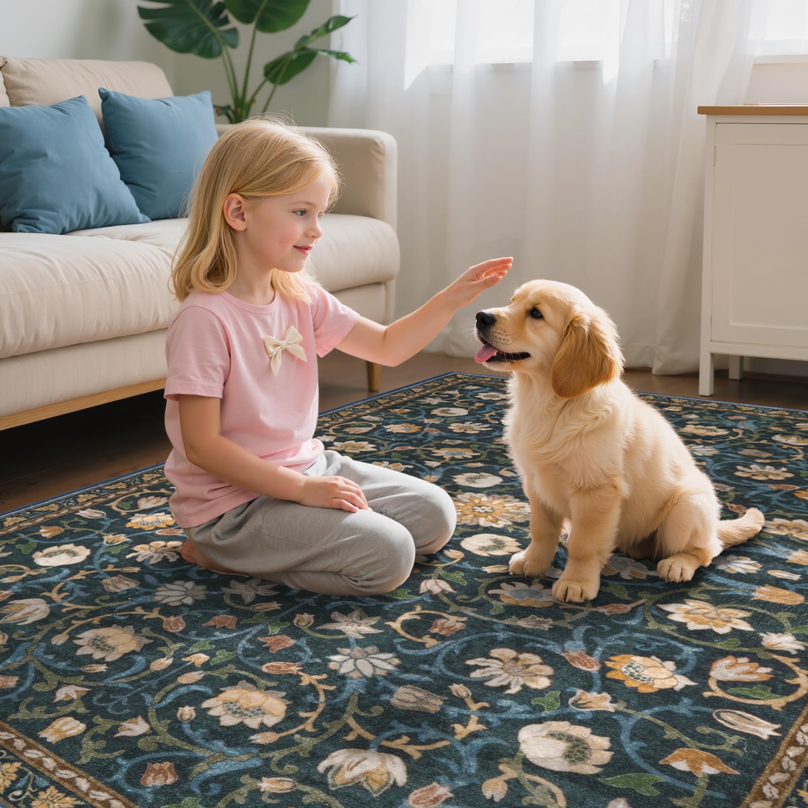 Lahomerug Floral Print Area Rug 5x7, Washable Dark Green Rugs for Living Room, Non Slip Soft Large Rugs for Bedroom, Stain Resistant Dining Room Mat Indoor Floor Carpet for Dorm Lahomerug Lahome