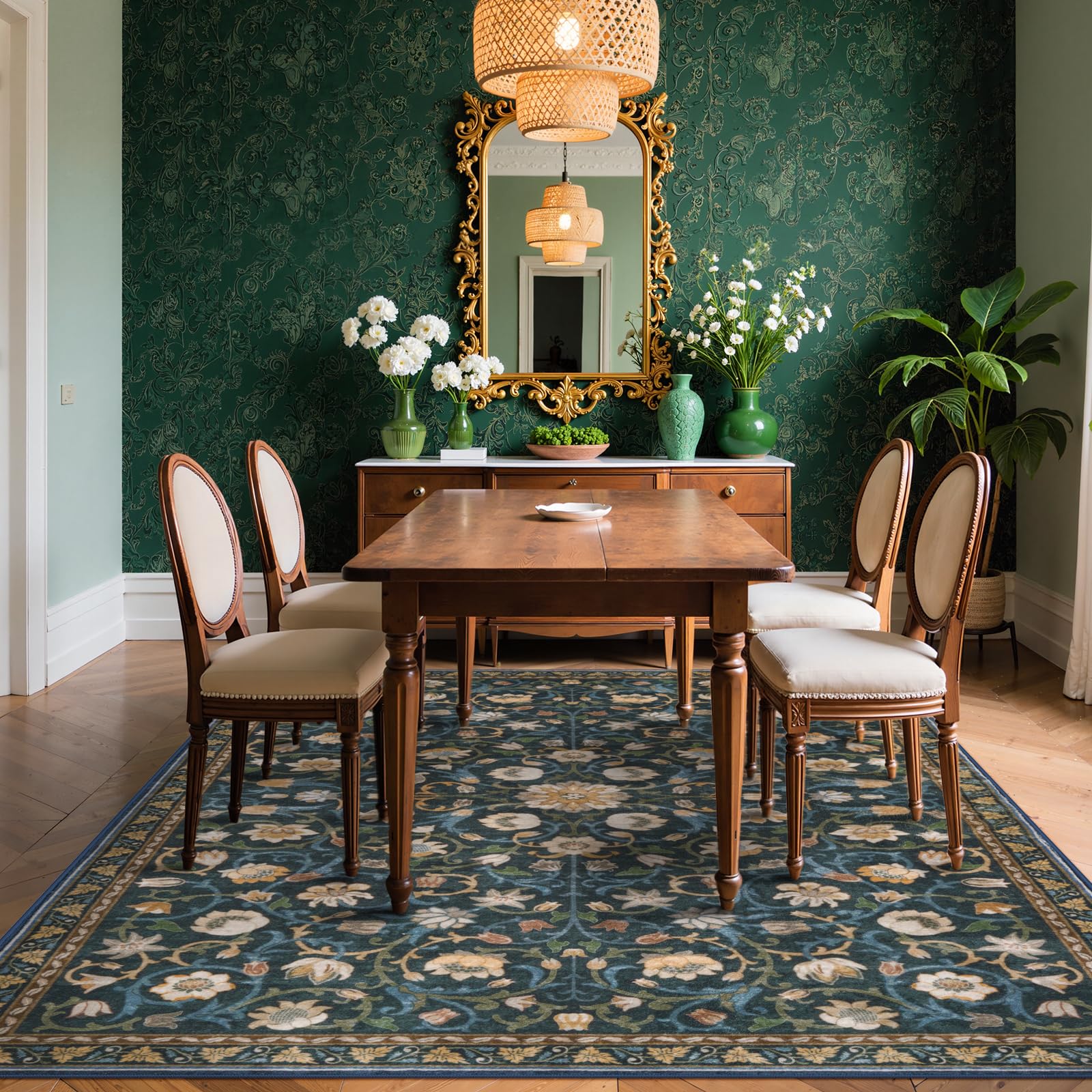 Lahomerug Floral Print Area Rug 5x7, Washable Dark Green Rugs for Living Room, Non Slip Soft Large Rugs for Bedroom, Stain Resistant Dining Room Mat Indoor Floor Carpet for Dorm Lahomerug Lahome