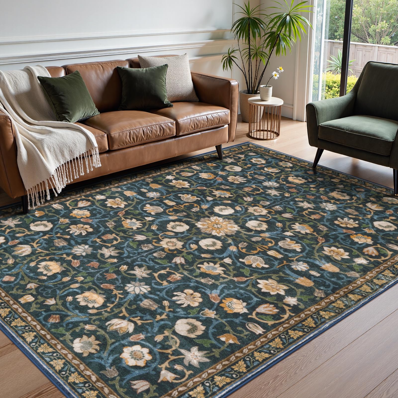 Lahomerug Floral Print Area Rug 5x7, Washable Dark Green Rugs for Living Room, Non Slip Soft Large Rugs for Bedroom, Stain Resistant Dining Room Mat Indoor Floor Carpet for Dorm Lahomerug Lahome