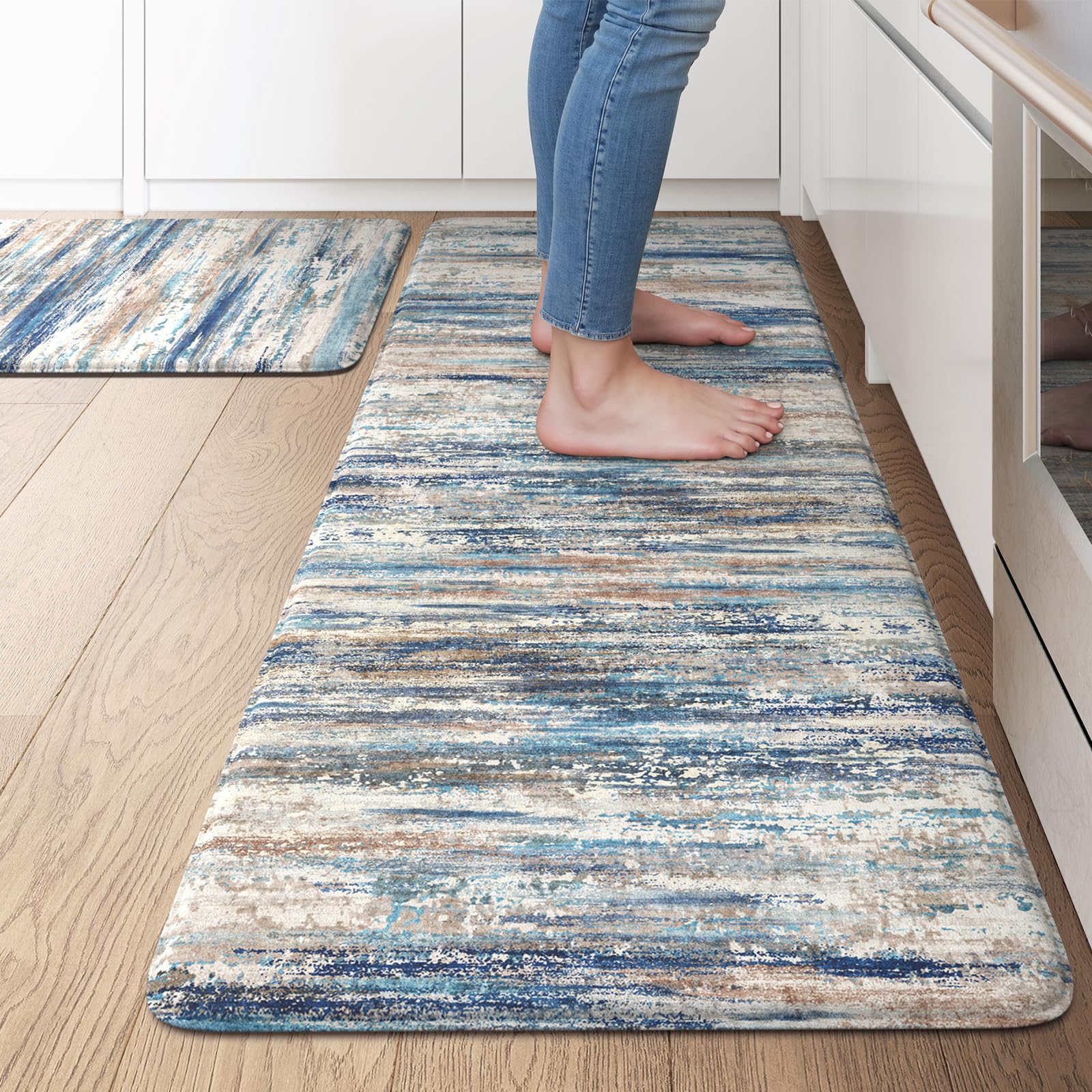 Lahomerugs Anti Fatigue Kitchen Mats 17"x47"+17"x29", Abstract Kitchen Rugs Sets of 2, Non Slip Kitchen Mats for Floor, Anti-fatigue floor mats, Cushioned Comfort Standing Mats for Sink, Laundry, Office, Desk Multi-Blue Lahomerugs Lahome 20" x 47"+20" x 32"--0.47 inches Blue Grey/Multi