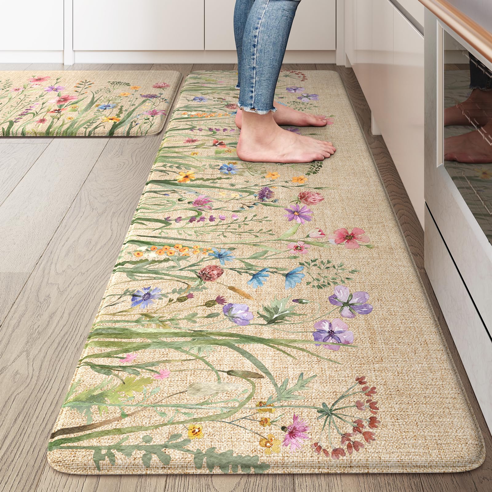 Lahomerug Anti Fatigue Mats for Kitchen Floor 17"x59"+17"x29", Farmhouse Floral Kitchen Rugs, Cushioned Memory Foam Kitchen Mats, Comfort Standing Mat for Laundry, Office, Sink, Desk Brown, Anti-fatigue floor mats Lahomerug Lahome 20" x 47"+20" x 32"--0.47 inches Floral/Brown