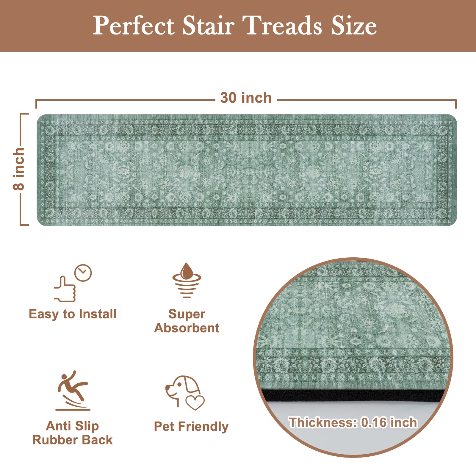 LahomeGlobal Vintage Stair Treads for Wooden Steps Indoor 15PCS 30"x8" Non-Slip Stair Runner Carpet Stair Treads Mats Staircase Step Treads for Kids, Elders and Dogs, Rubber Step Covers, Anti-slip floor mats for use on staircases LahomeGlobal Lahome