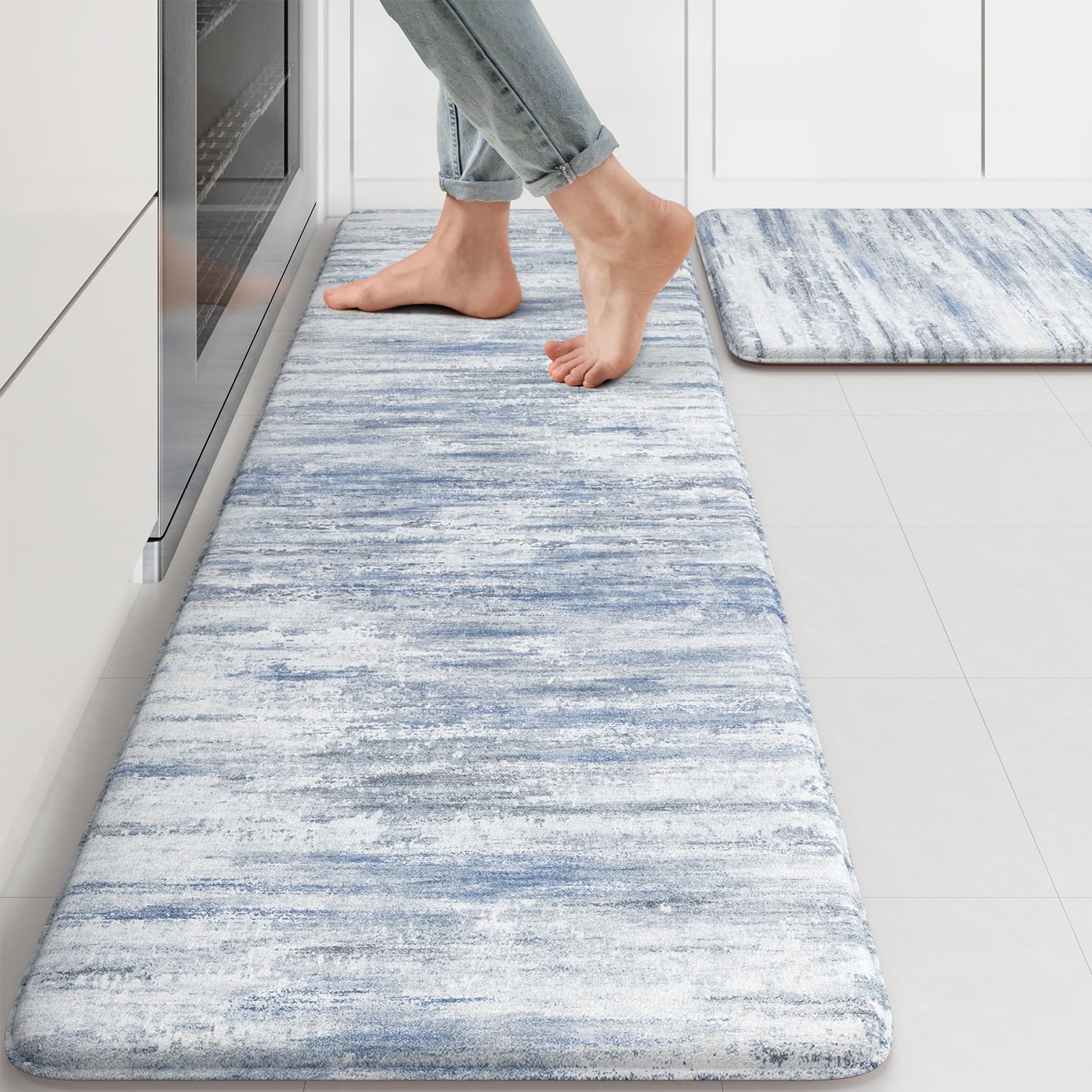 Lahomerugs Anti Fatigue Kitchen Mats 17"x47"+17"x29", Abstract Kitchen Rugs Sets of 2, Non Slip Kitchen Mats for Floor, Anti-fatigue floor mats, Cushioned Comfort Standing Mats for Sink, Laundry, Office, Desk Multi-Blue Lahomerugs Lahome 17.3" x 47"+17.3" x 29"--0.47 inches Blue/Multi