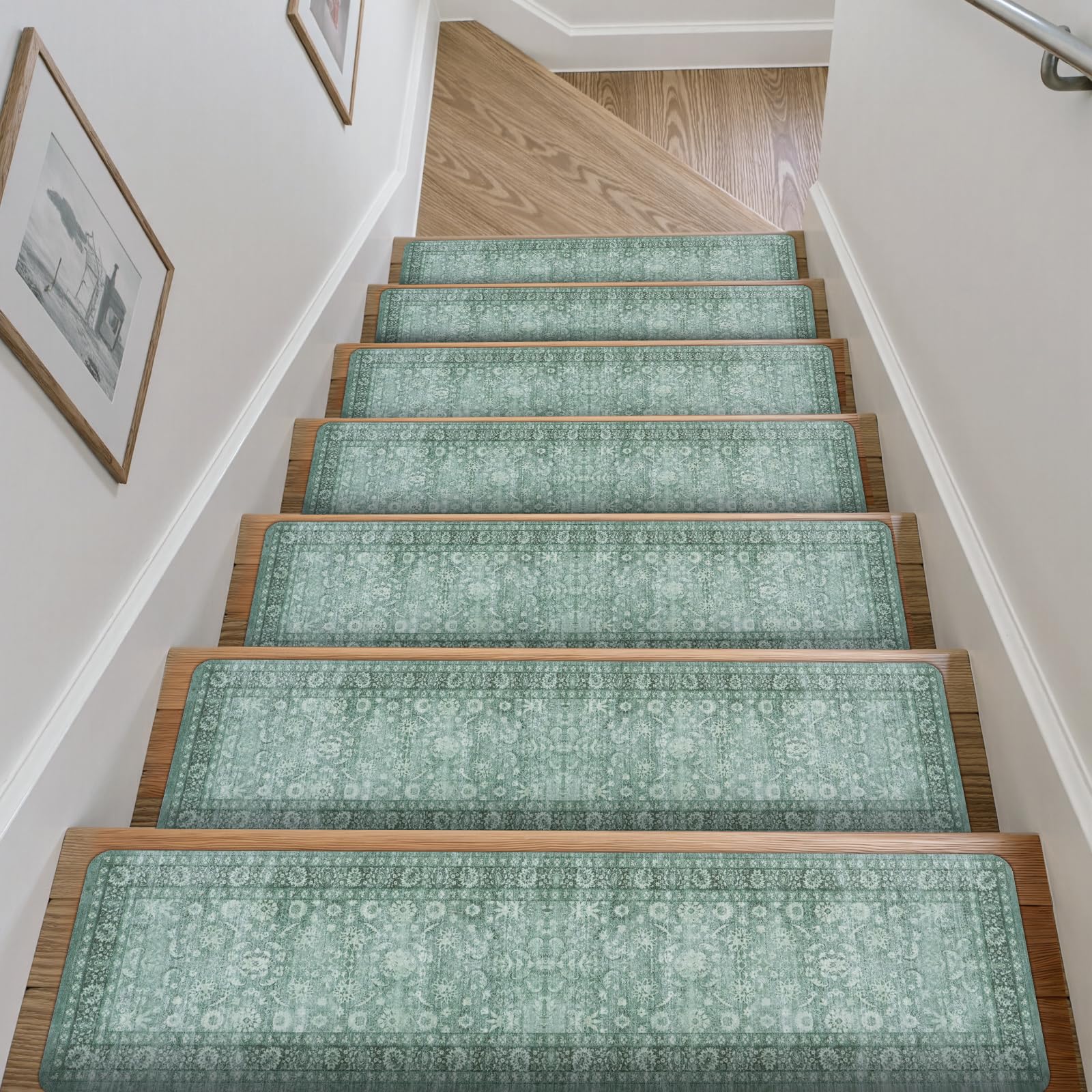 LahomeGlobal Vintage Stair Treads for Wooden Steps Indoor 15PCS 30"x8" Non-Slip Stair Runner Carpet Stair Treads Mats Staircase Step Treads for Kids, Elders and Dogs, Rubber Step Covers, Anti-slip floor mats for use on staircases LahomeGlobal Lahome 1 15PCS Green