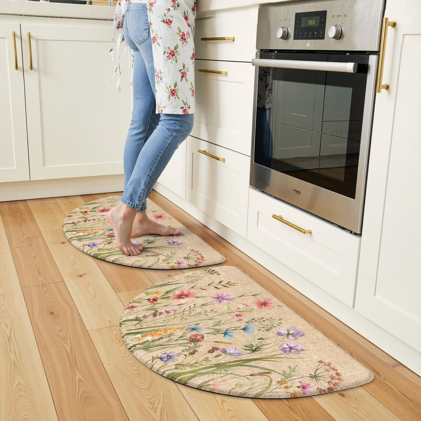 Lahomerug Anti Fatigue Mats for Kitchen Floor 17"x59"+17"x29", Farmhouse Floral Kitchen Rugs, Cushioned Memory Foam Kitchen Mats, Comfort Standing Mat for Laundry, Office, Sink, Desk Brown, Anti-fatigue floor mats Lahomerug Lahome 18" x 28"+18" x 28"--0.47 inches(Semicircular) Floral/Brown