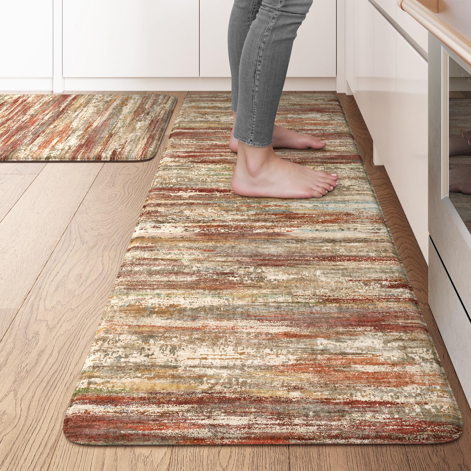 Lahomerugs Anti Fatigue Kitchen Mats 17"x47"+17"x29", Abstract Kitchen Rugs Sets of 2, Non Slip Kitchen Mats for Floor, Anti-fatigue floor mats, Cushioned Comfort Standing Mats for Sink, Laundry, Office, Desk Multi-Blue Lahomerugs Lahome 20" x 47"+20" x 32"--0.47 inches Red Brown/Multi