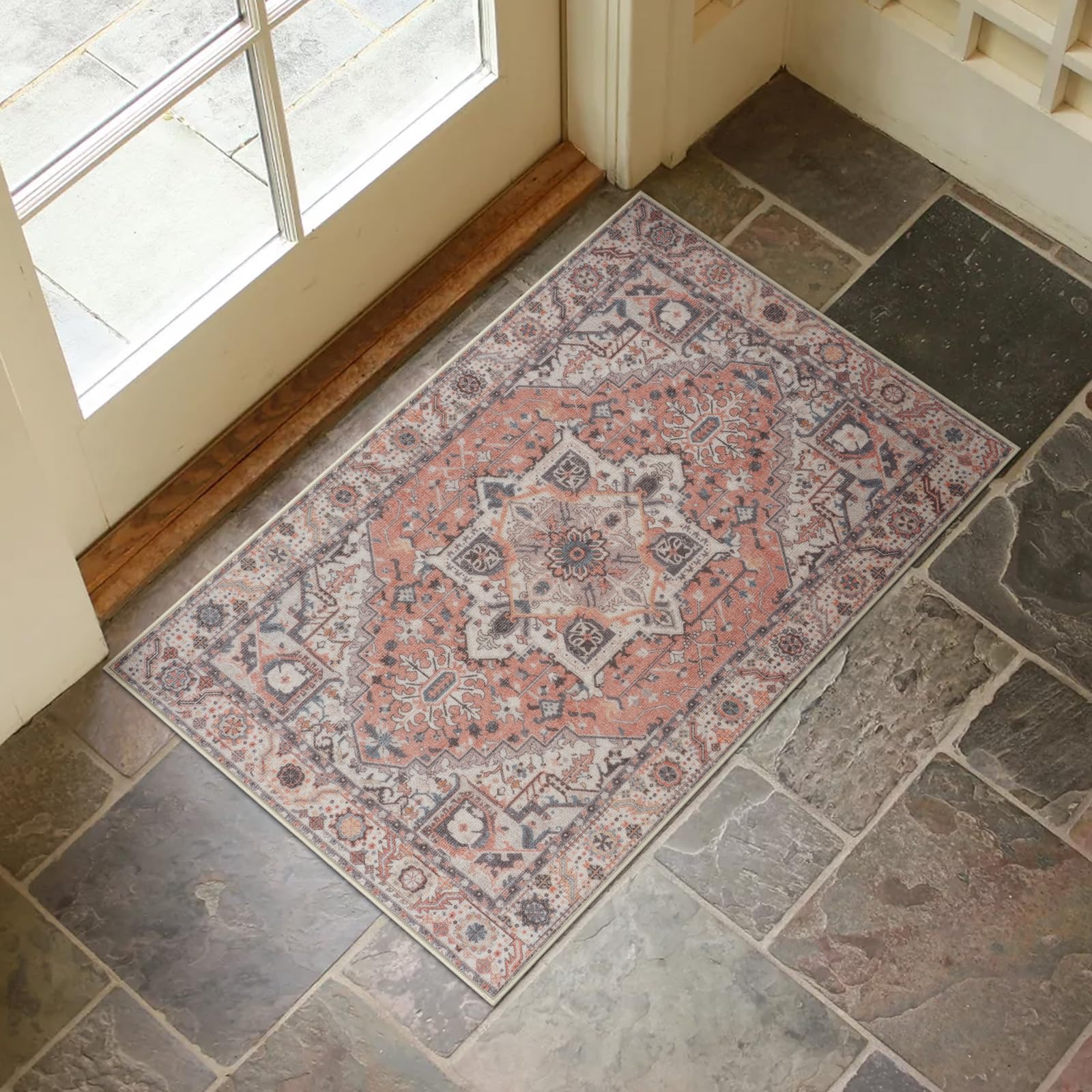 Lahomedecor Washable Indoor Doormat, Non Slip Retro Floor Mat 20" x 32" Area Rug Quick Absorbent Entrance Rug Distressed Front Door Mat, Welcome Mats Entryway Rug Doormats for Kitchen Home Patio Lahomedecor Lahome 20" x 32" Terracotta