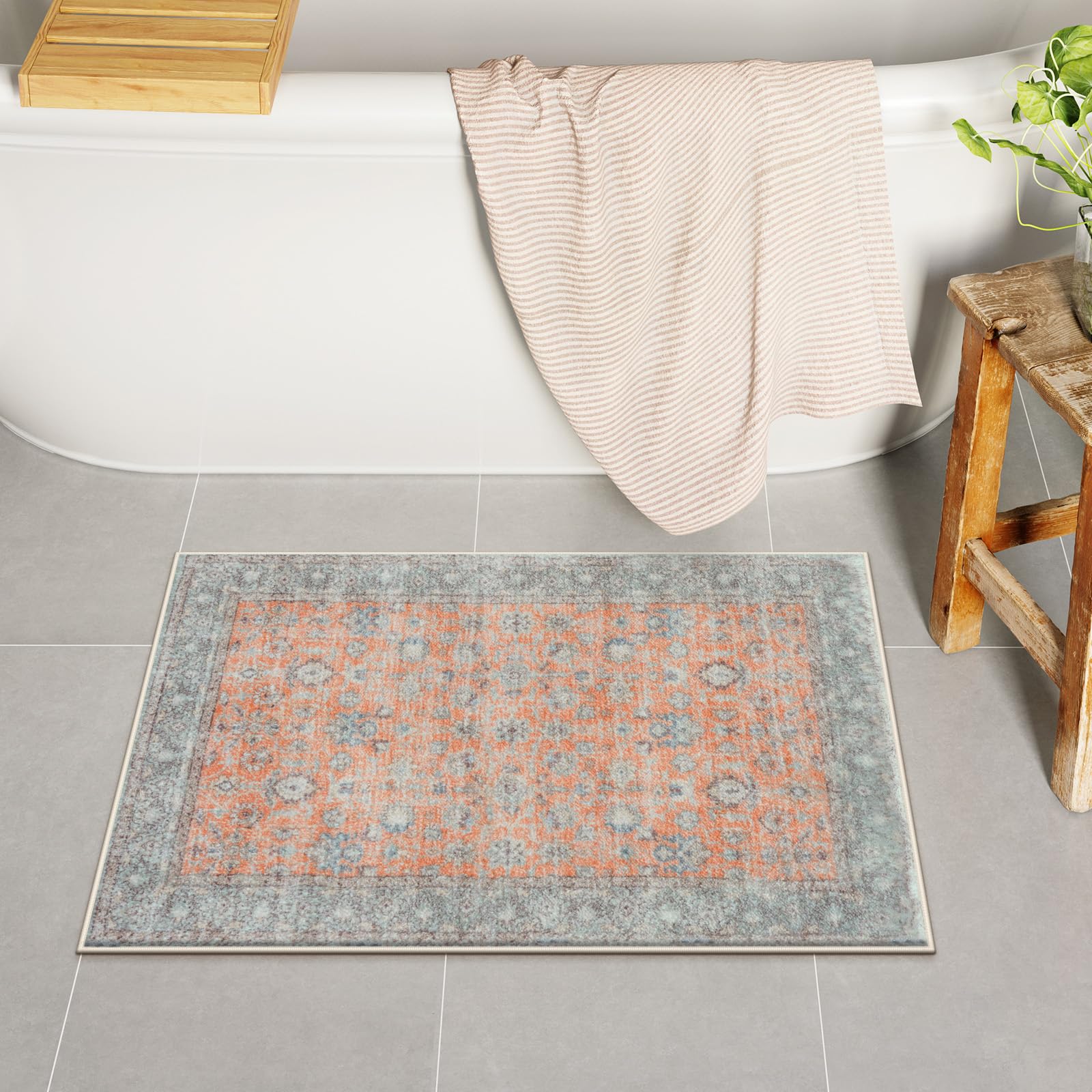 Lahomedecor Boho Bathroom Runner Rug Mat 18x47, Non-Slip Soft Shaggy and Comfortable Large Size Microfiber Vintage Farmhouse Bath Rug, Super Absorbent and Thick, Machine Washable, Long Bath Mat, Grey Lahomedecor Lahome 1'6" x 2'2" (Rectangular) Orange/Grey