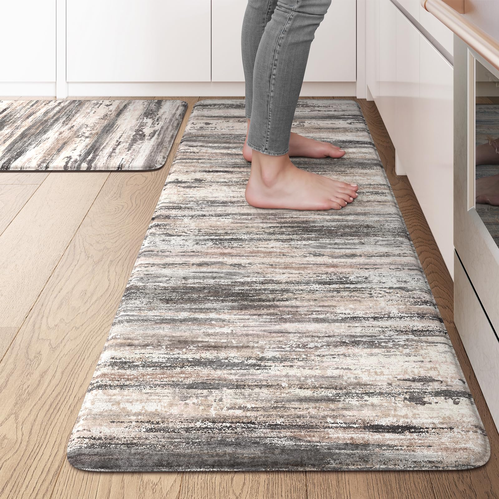 Lahomerugs Anti Fatigue Kitchen Mats 17"x47"+17"x29", Abstract Kitchen Rugs Sets of 2, Non Slip Kitchen Mats for Floor, Anti-fatigue floor mats, Cushioned Comfort Standing Mats for Sink, Laundry, Office, Desk Multi-Blue Lahomerugs Lahome 20" x 47"+20" x 32"--0.47 inches Black Grey/Multi