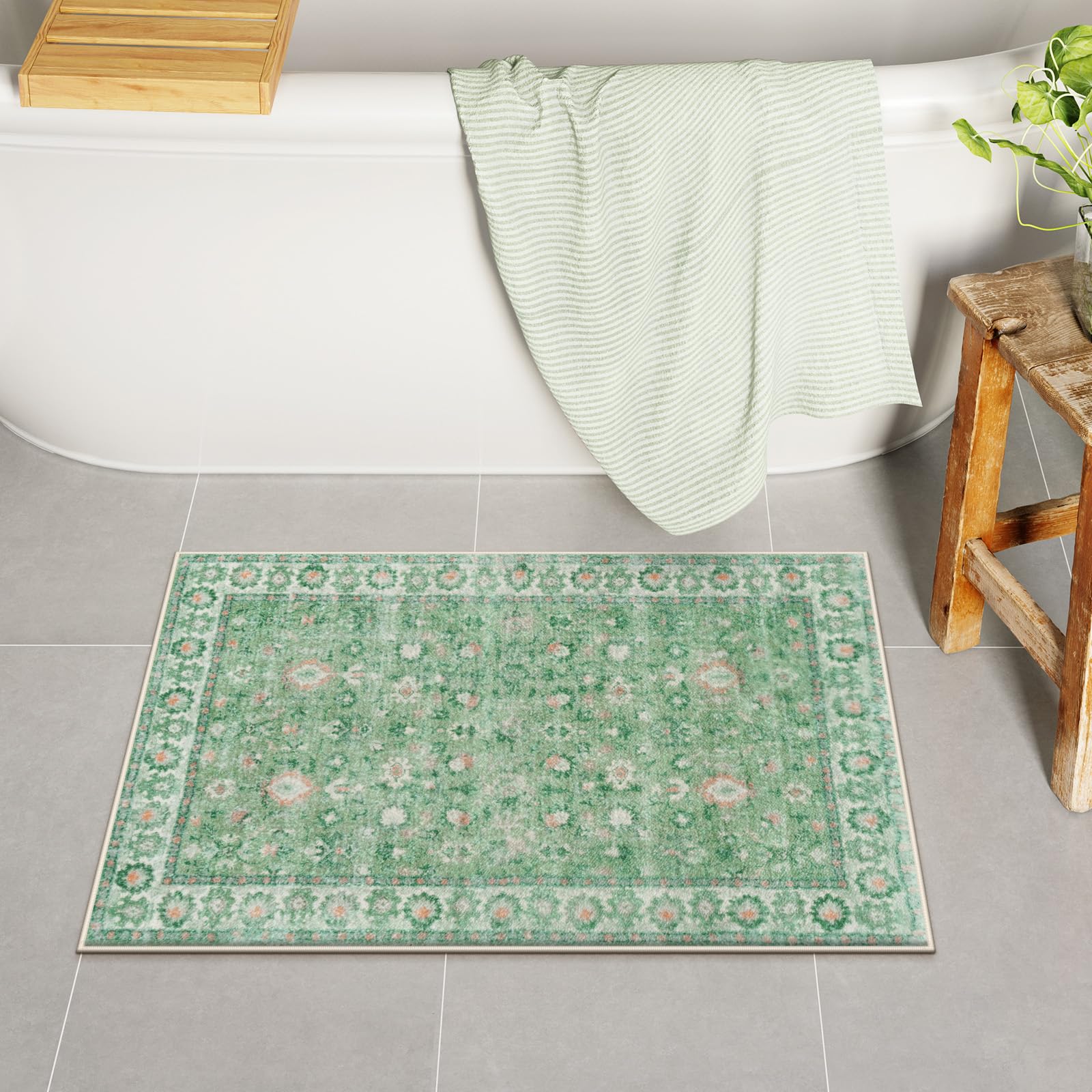 Lahomedecor Boho Bathroom Runner Rug Mat 18x47, Non-Slip Soft Shaggy and Comfortable Large Size Microfiber Vintage Farmhouse Bath Rug, Super Absorbent and Thick, Machine Washable, Long Bath Mat, Grey Lahomedecor Lahome 1'6" x 2'2" (Rectangular) Green