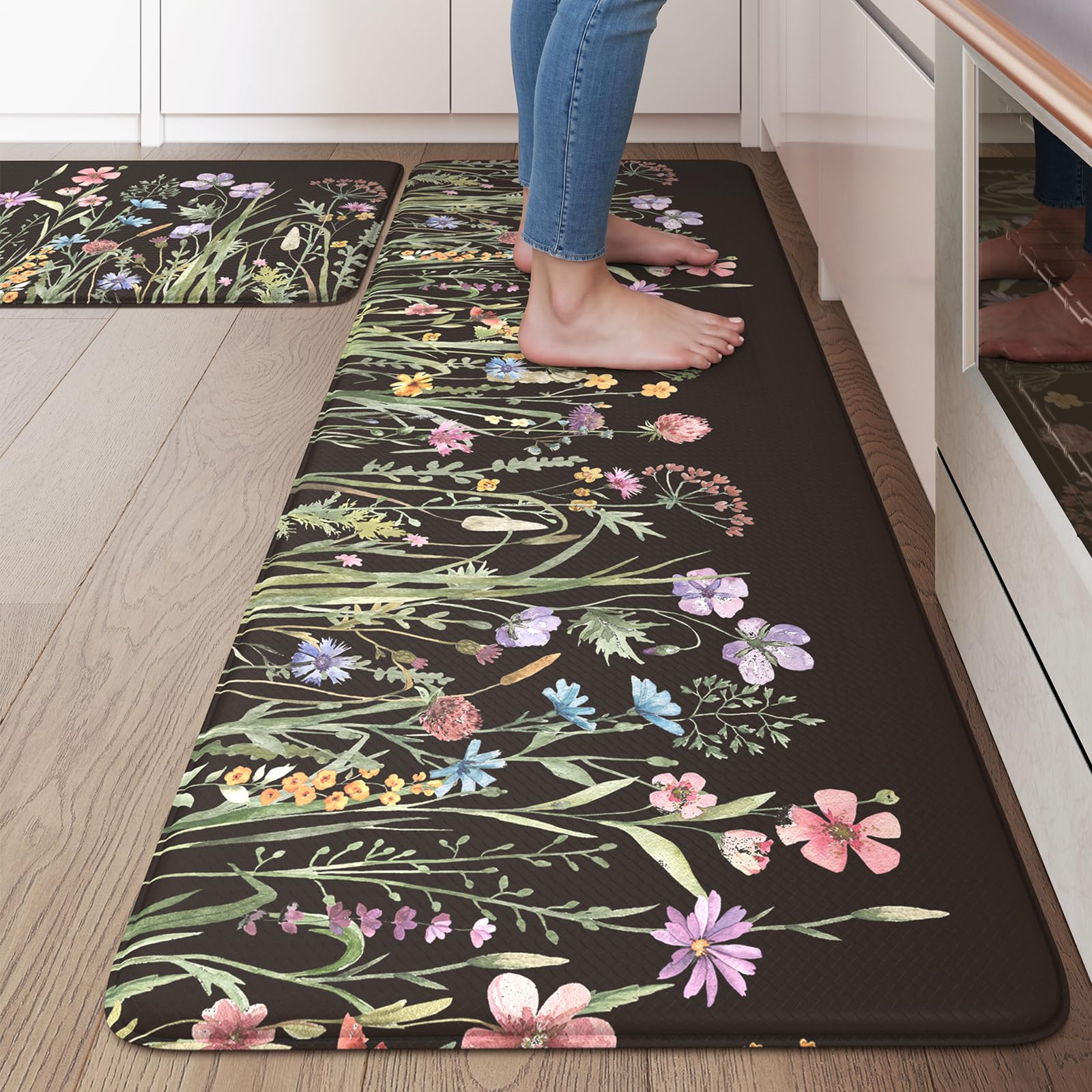 Lahomerug Anti Fatigue Mats for Kitchen Floor 17"x59"+17"x29", Farmhouse Floral Kitchen Rugs, Cushioned Memory Foam Kitchen Mats, Comfort Standing Mat for Laundry, Office, Sink, Desk Brown, Anti-fatigue floor mats Lahomerug Lahome 20" x 47"+20" x 32"--0.47 inches Floral/Black
