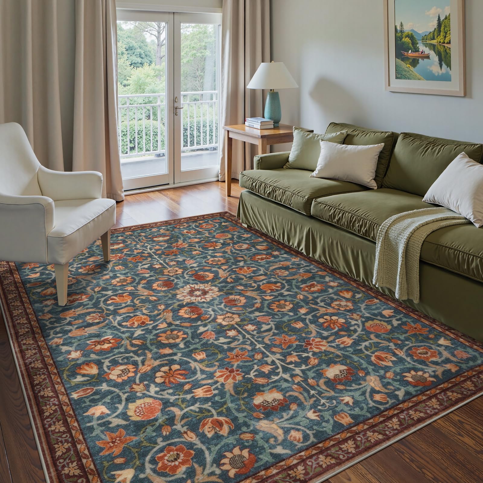 Lahomerug Floral Print Area Rug 5x7, Washable Dark Green Rugs for Living Room, Non Slip Soft Large Rugs for Bedroom, Stain Resistant Dining Room Mat Indoor Floor Carpet for Dorm Lahomerug Lahome 5'x7‘ Blue/Red