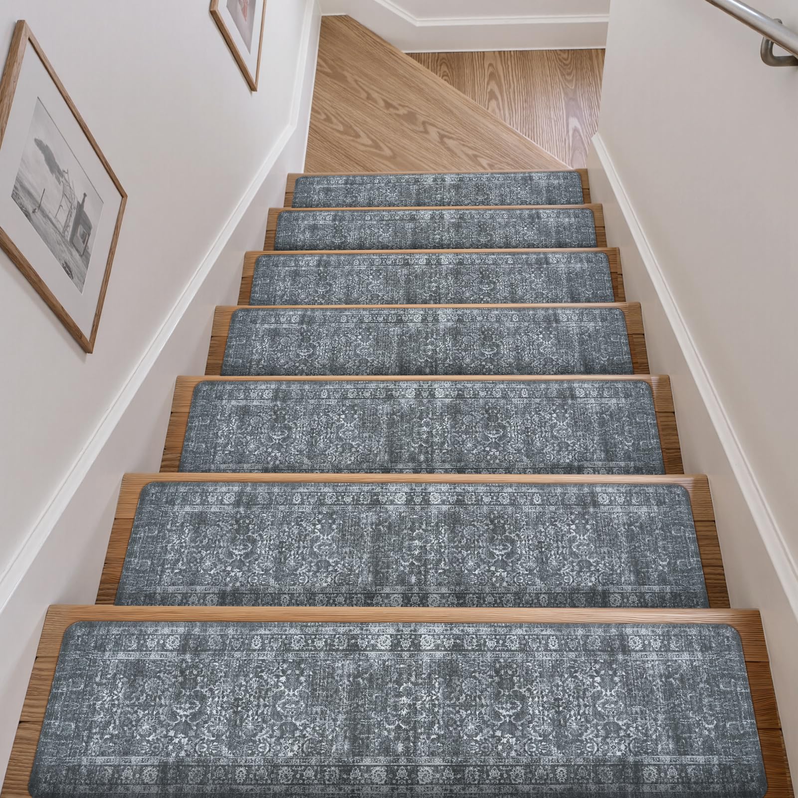 LahomeGlobal Vintage Stair Treads for Wooden Steps Indoor 15PCS 30"x8" Non-Slip Stair Runner Carpet Stair Treads Mats Staircase Step Treads for Kids, Elders and Dogs, Rubber Step Covers, Anti-slip floor mats for use on staircases LahomeGlobal Lahome 1 15PCS Dark Gray