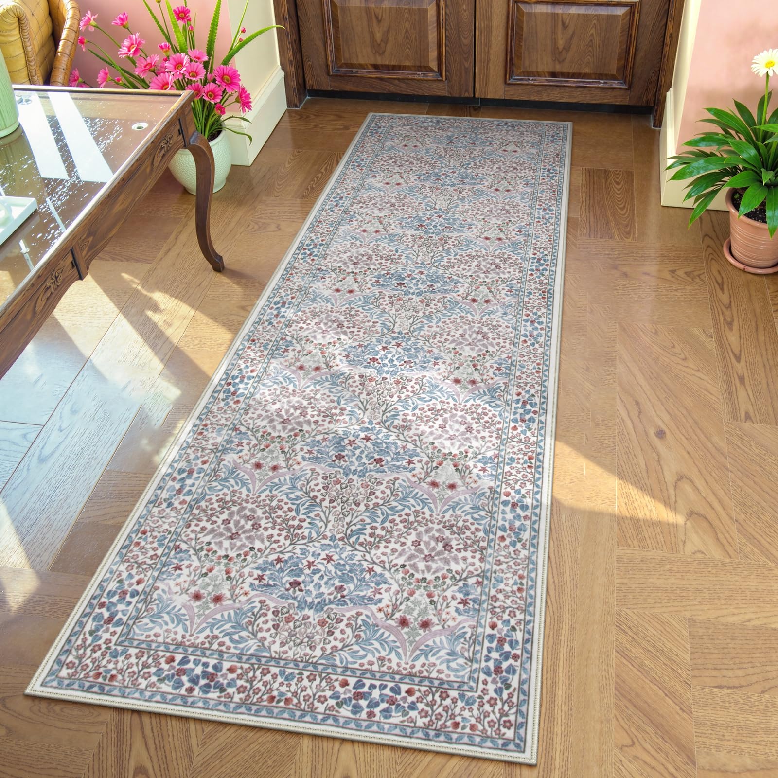 Lahomedecor Floral Area Rugs 5x7, Soft Washable Rugs for Living Room Bedroom, Boho Non Slip Low Pile Forest Design Large Throw Carpet for Farmhouse Dining Room Office, Black, Area rugs Lahomedecor Lahome 2'x6' Beige/Blue