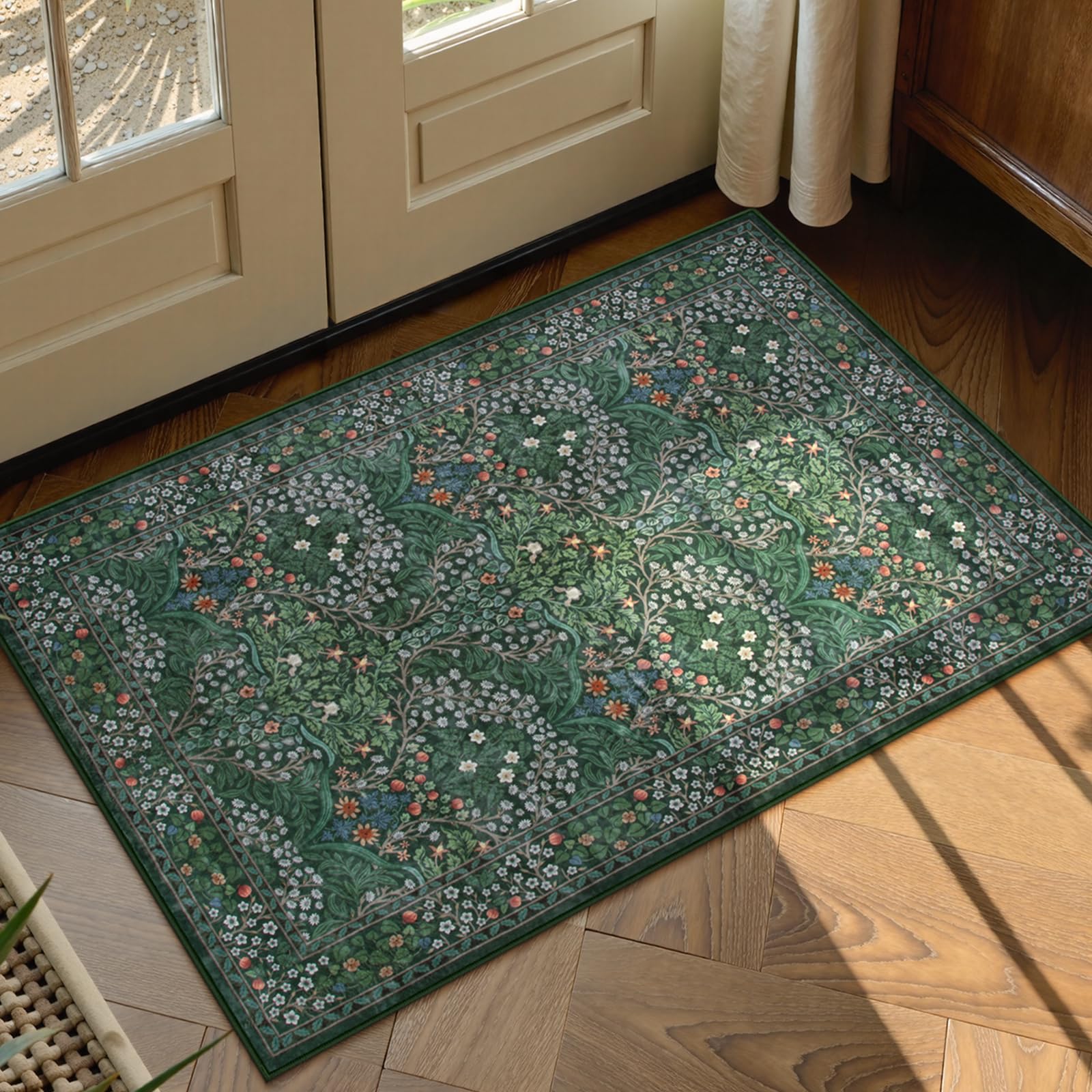 Lahomedecor Floral Area Rugs 5x7, Soft Washable Rugs for Living Room Bedroom, Boho Non Slip Low Pile Forest Design Large Throw Carpet for Farmhouse Dining Room Office, Black, Area rugs Lahomedecor Lahome 2'x3' Dark Green