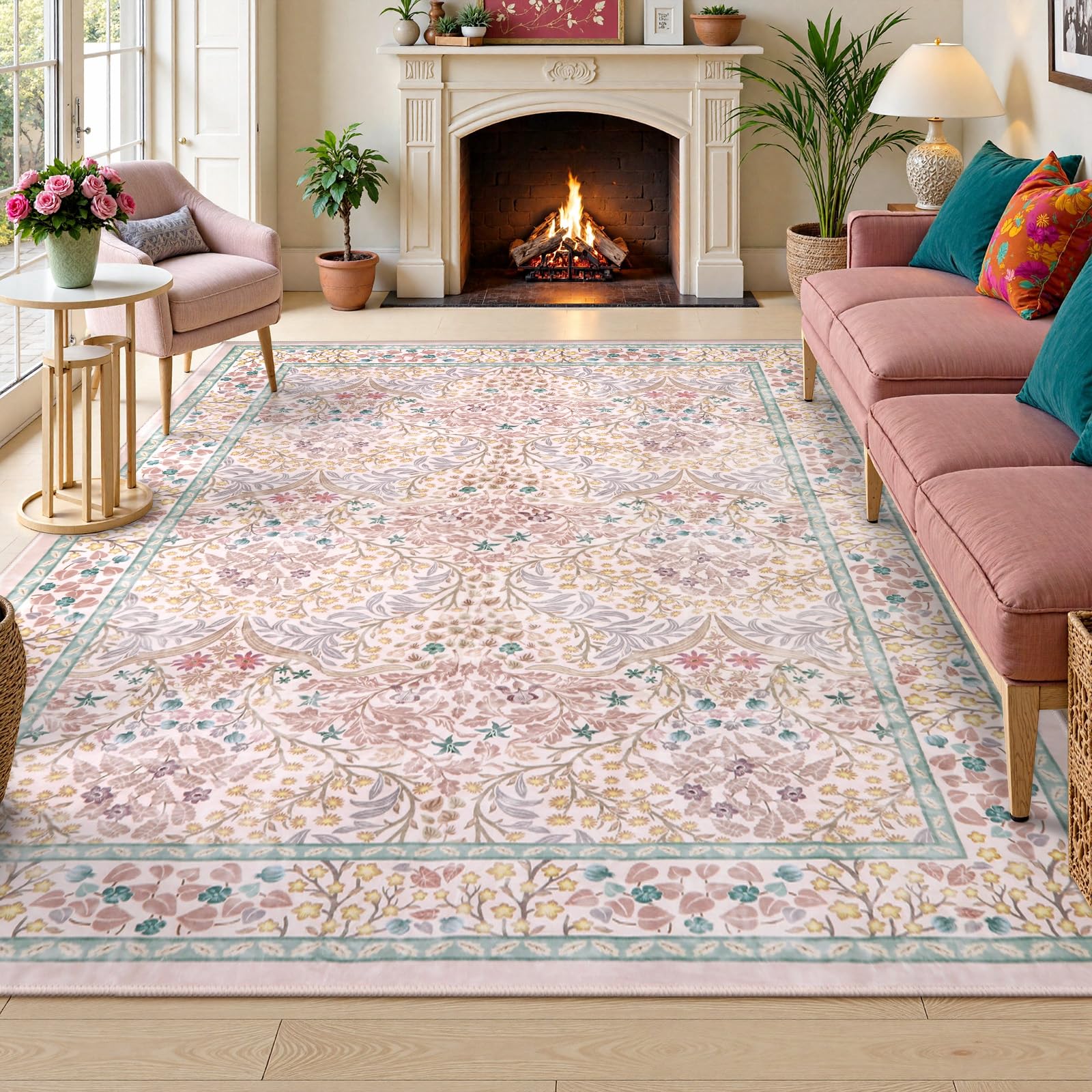 Lahomedecor Floral Area Rugs 5x7, Soft Washable Rugs for Living Room Bedroom, Boho Non Slip Low Pile Forest Design Large Throw Carpet for Farmhouse Dining Room Office, Black, Area rugs Lahomedecor Lahome 8'x10' Pink