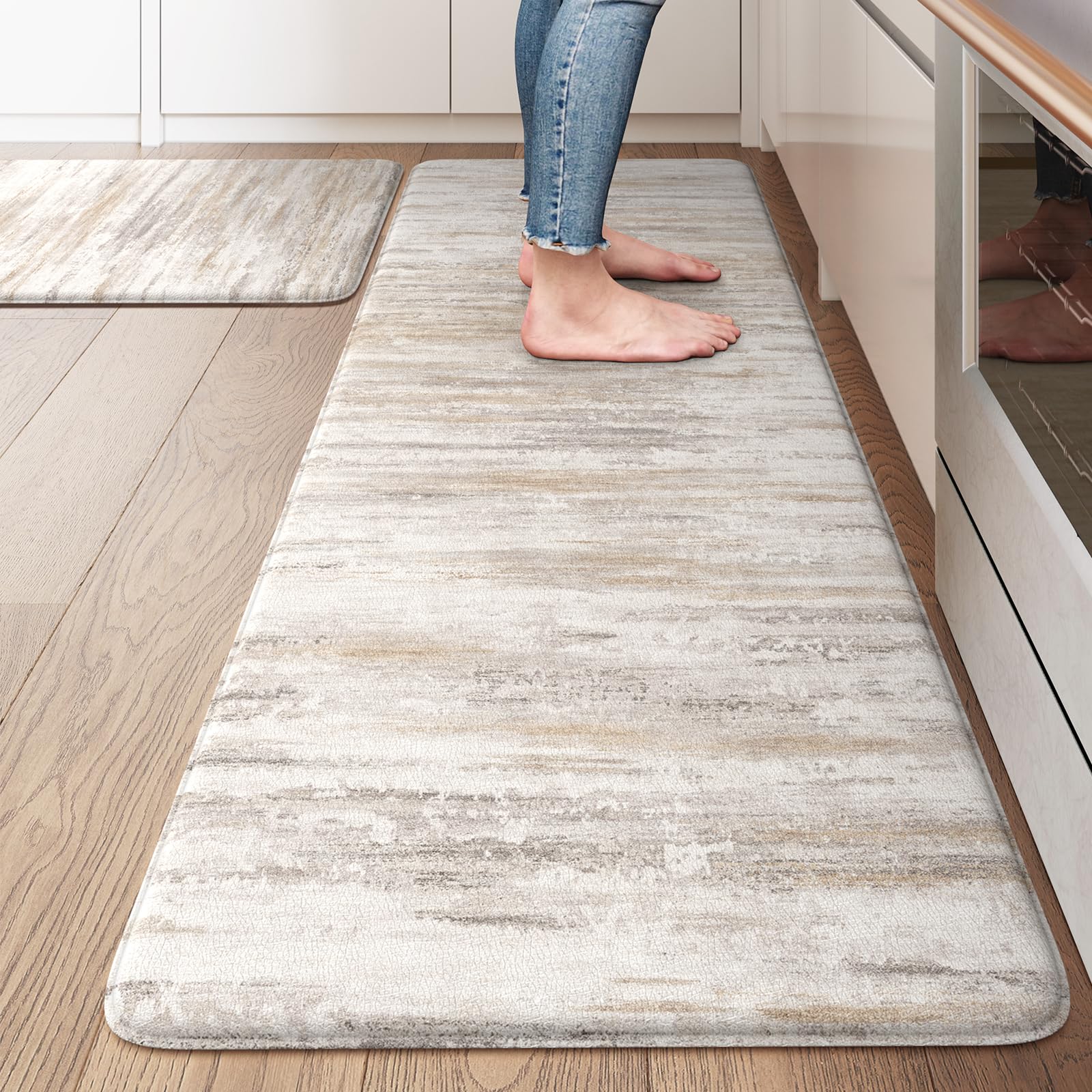 Lahomerugs Anti Fatigue Kitchen Mats 17"x47"+17"x29", Abstract Kitchen Rugs Sets of 2, Non Slip Kitchen Mats for Floor, Anti-fatigue floor mats, Cushioned Comfort Standing Mats for Sink, Laundry, Office, Desk Multi-Blue Lahomerugs Lahome 20" x 47"+20" x 32"--0.47 inches Light Brown/Multi