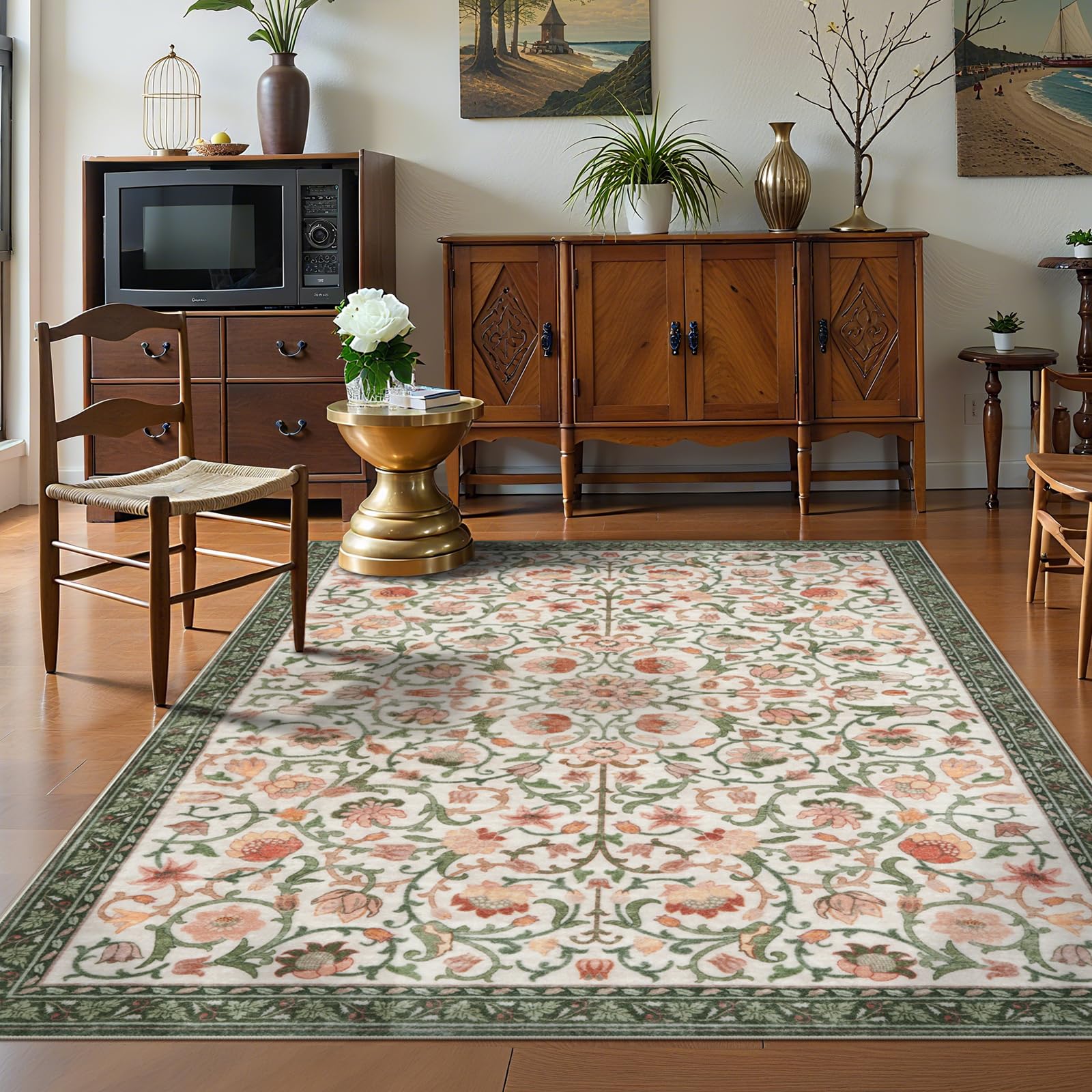 Lahomerug Floral Print Area Rug 5x7, Washable Dark Green Rugs for Living Room, Non Slip Soft Large Rugs for Bedroom, Stain Resistant Dining Room Mat Indoor Floor Carpet for Dorm Lahomerug Lahome