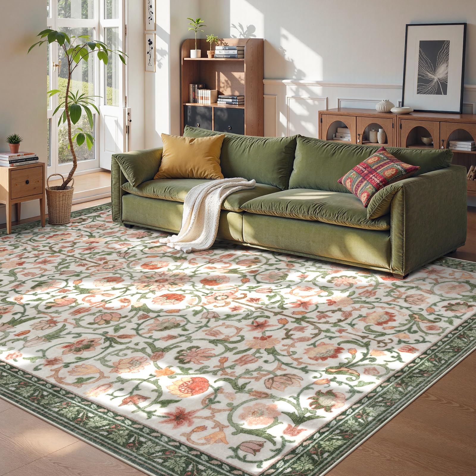 Lahomerug Floral Print Area Rug 5x7, Washable Dark Green Rugs for Living Room, Non Slip Soft Large Rugs for Bedroom, Stain Resistant Dining Room Mat Indoor Floor Carpet for Dorm Lahomerug Lahome 8'x10‘ Beige/Green