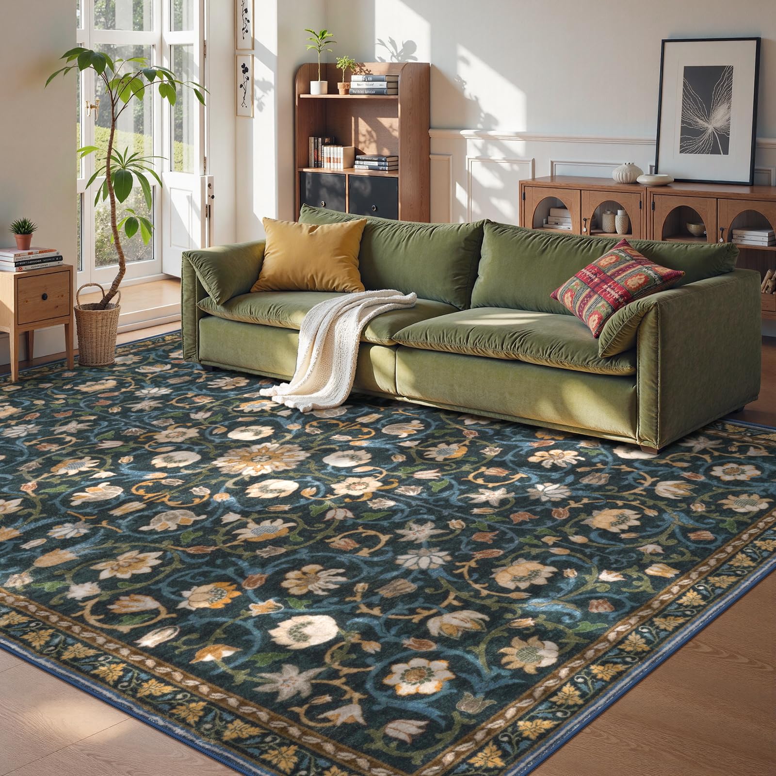 Lahomerug Floral Print Area Rug 5x7, Washable Dark Green Rugs for Living Room, Non Slip Soft Large Rugs for Bedroom, Stain Resistant Dining Room Mat Indoor Floor Carpet for Dorm Lahomerug Lahome 8'x10‘ Blue/Green