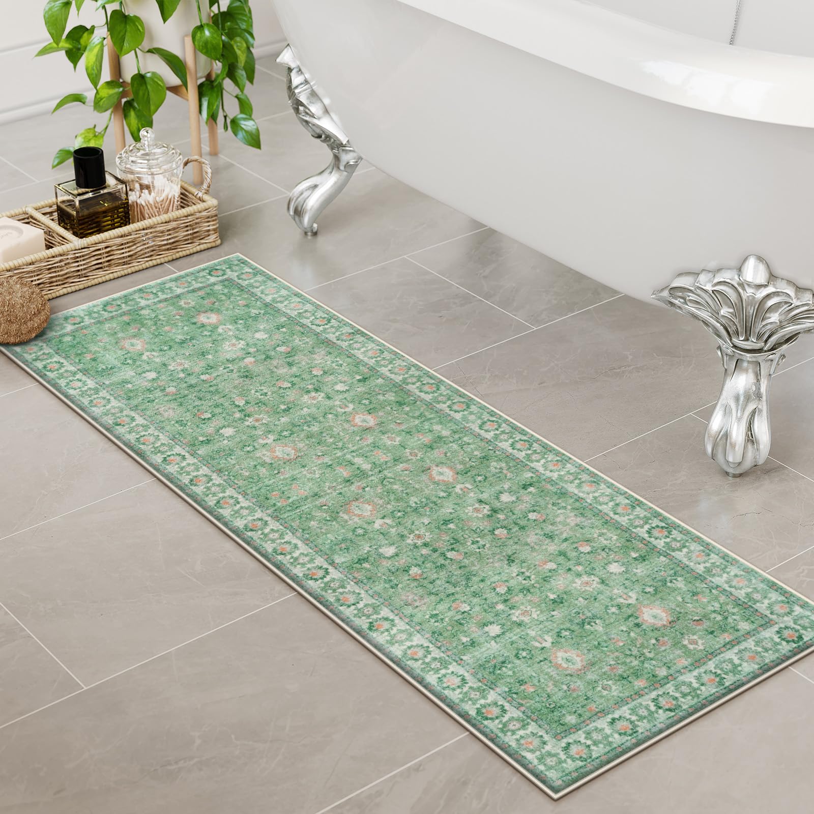 Lahomedecor Boho Bathroom Runner Rug Mat 18x47, Non-Slip Soft Shaggy and Comfortable Large Size Microfiber Vintage Farmhouse Bath Rug, Super Absorbent and Thick, Machine Washable, Long Bath Mat, Grey Lahomedecor Lahome 1'6" x 3'11" (Rectangular) Green