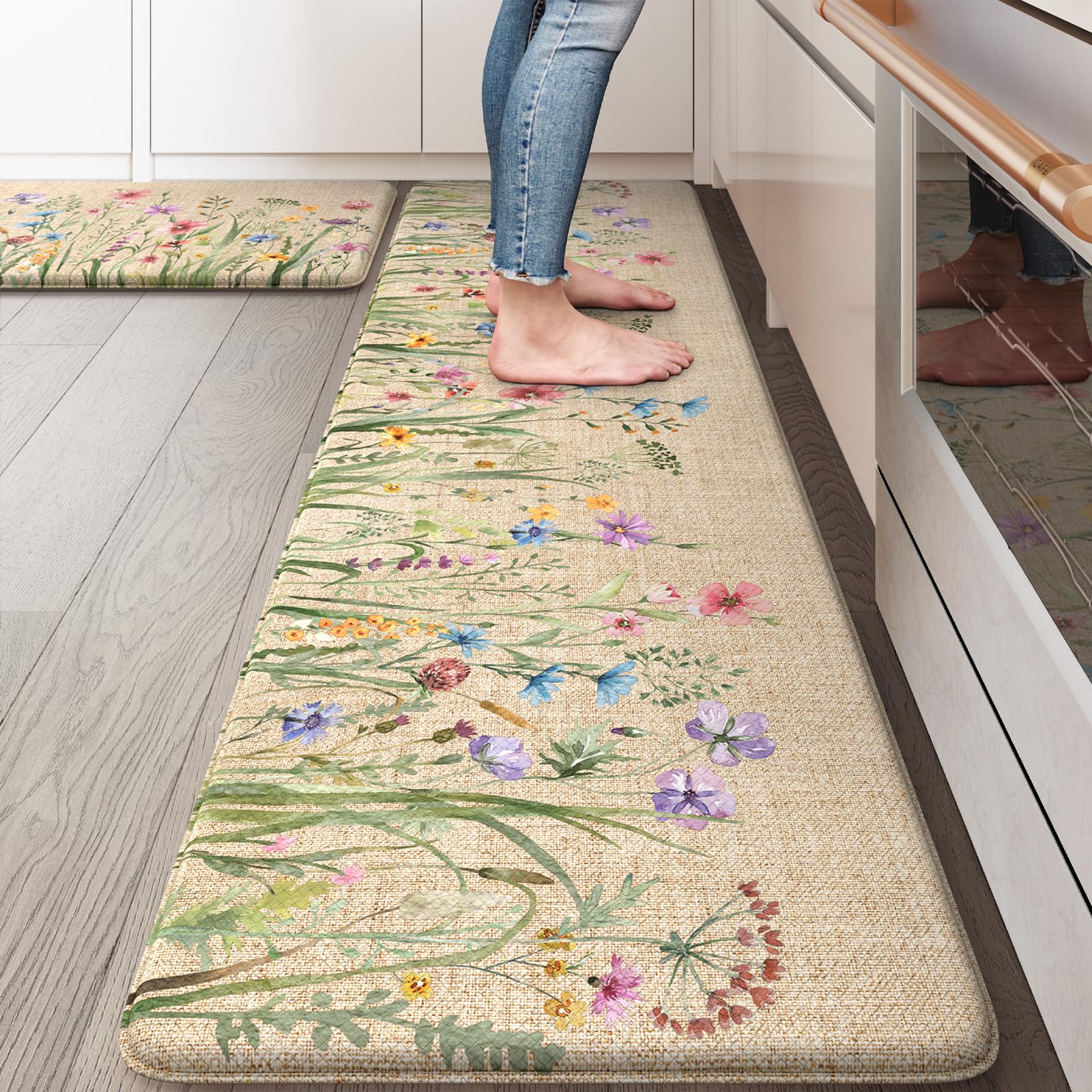 Lahomerug Anti Fatigue Mats for Kitchen Floor 17"x59"+17"x29", Farmhouse Floral Kitchen Rugs, Cushioned Memory Foam Kitchen Mats, Comfort Standing Mat for Laundry, Office, Sink, Desk Brown, Anti-fatigue floor mats Lahomerug Lahome 17.3" x 59"+17.3" x 29"--0.47 inches Floral/Brown