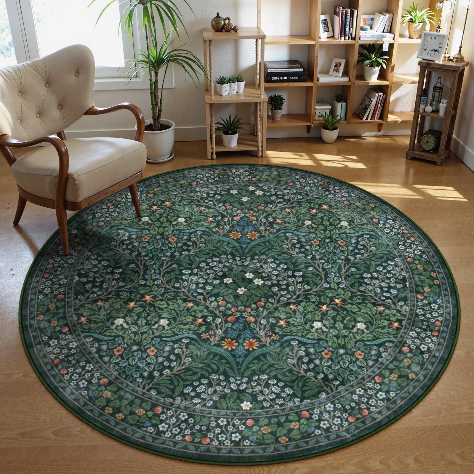 Lahomedecor Floral Area Rugs 5x7, Soft Washable Rugs for Living Room Bedroom, Boho Non Slip Low Pile Forest Design Large Throw Carpet for Farmhouse Dining Room Office, Black, Area rugs Lahomedecor Lahome 6 Round Dark Green