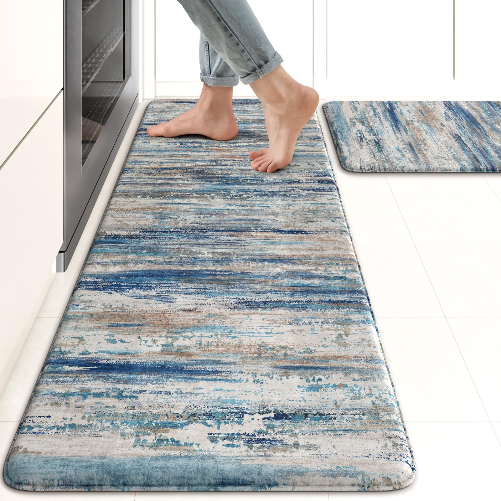 Lahomerugs Anti Fatigue Kitchen Mats 17"x47"+17"x29", Abstract Kitchen Rugs Sets of 2, Non Slip Kitchen Mats for Floor, Anti-fatigue floor mats, Cushioned Comfort Standing Mats for Sink, Laundry, Office, Desk Multi-Blue Lahomerugs Lahome 17.3" x 47"+17.3" x 29"--0.47 inches Blue Grey/Multi