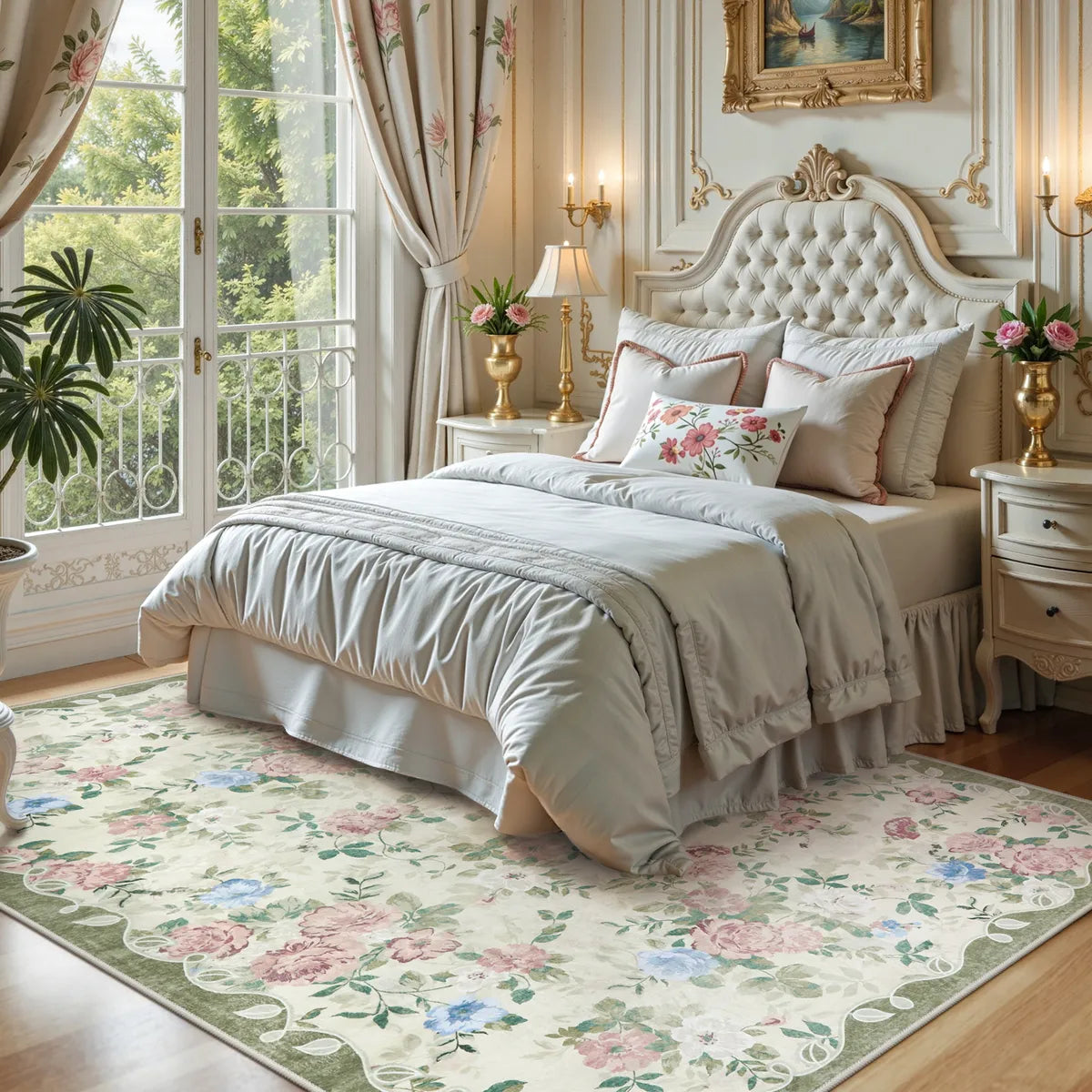 Nina Washable Romantic Vintage Floral Rose Garden Light Green Rug Area Rugs Lahome