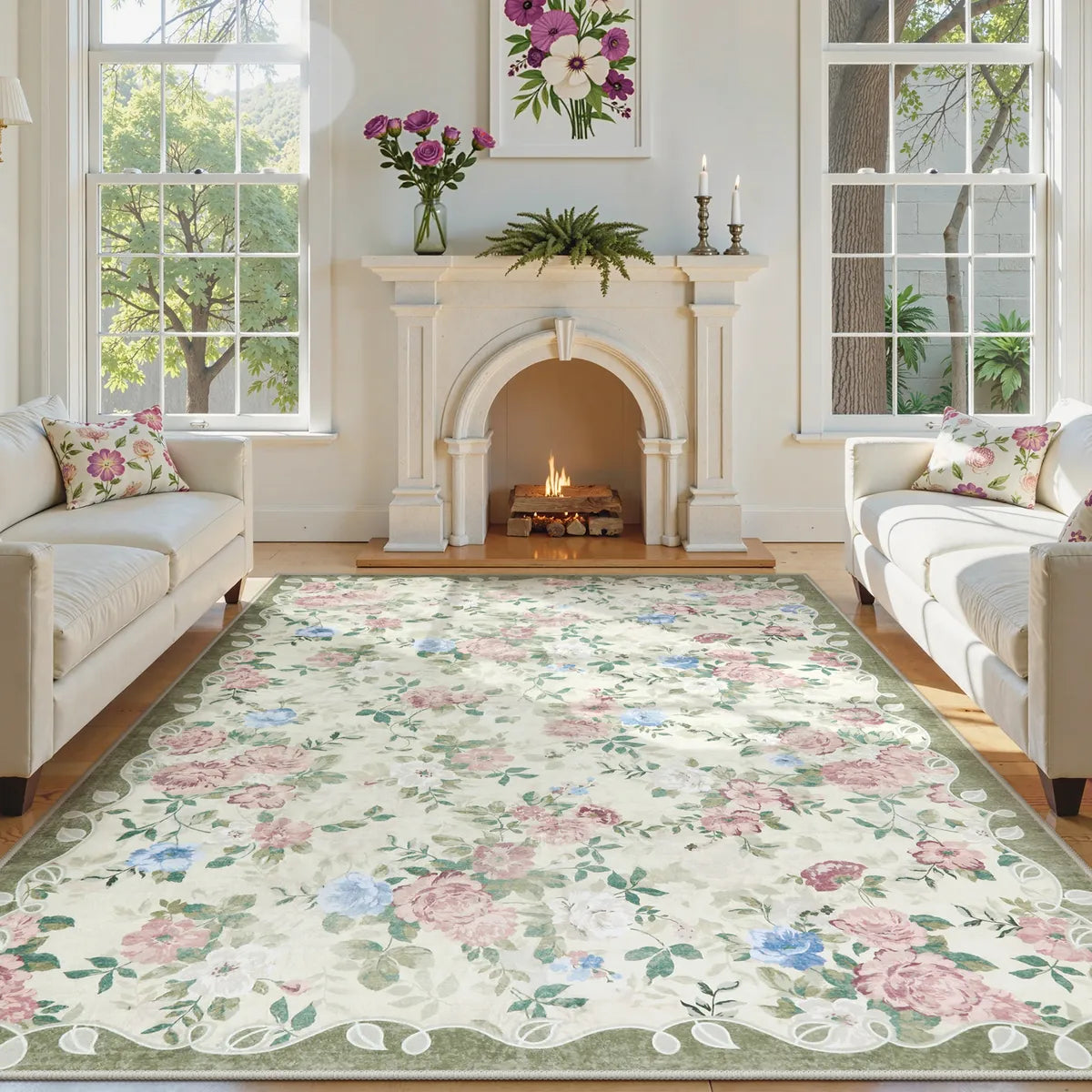 Nina Washable Romantic Vintage Floral Rose Garden Light Green Rug Area Rugs Lahome 8' x 10'