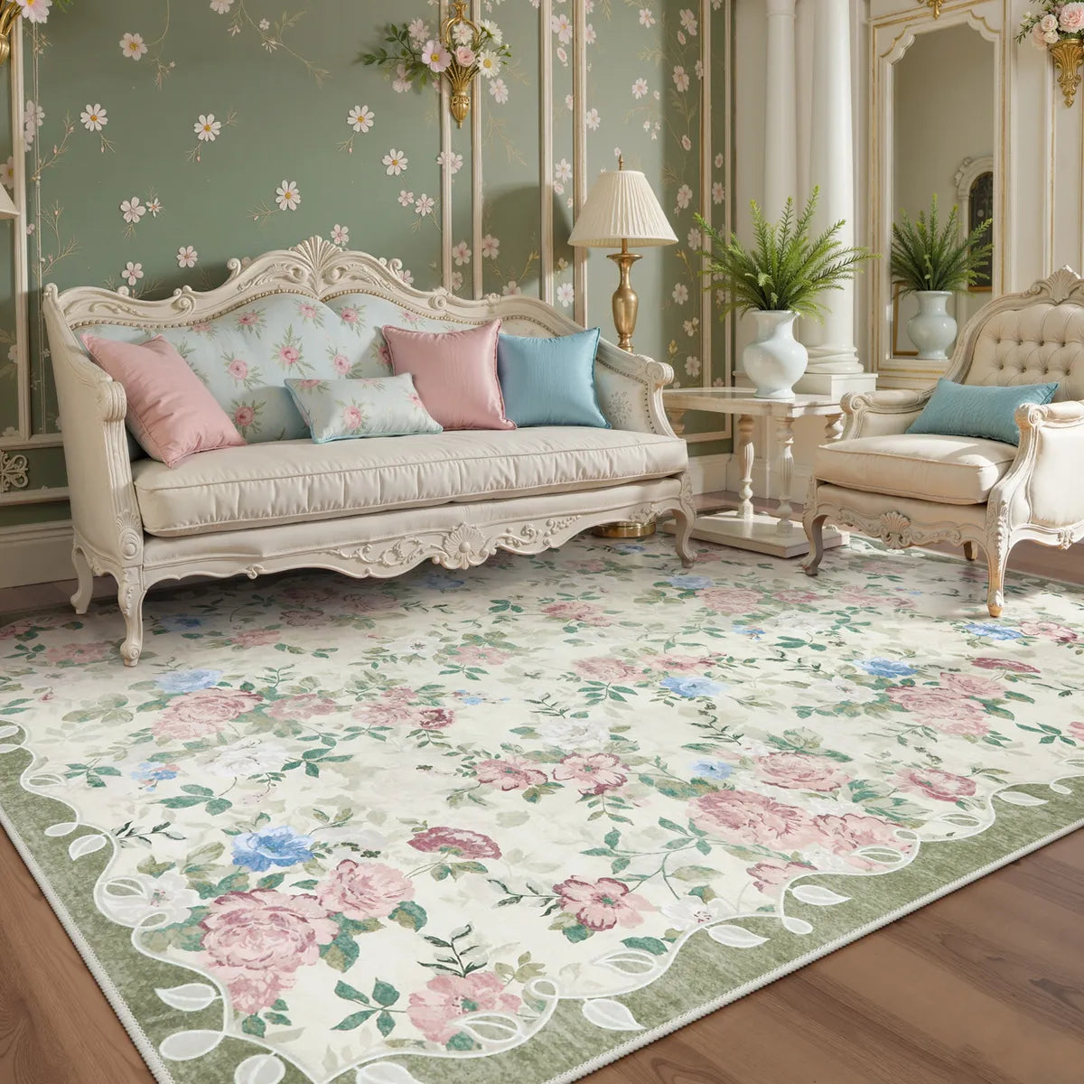 Nina Washable Romantic Vintage Floral Rose Garden Light Green Rug Area Rugs Lahome