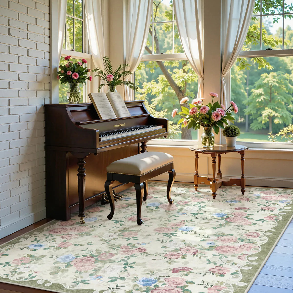 Nina Washable Romantic Vintage Floral Rose Garden Light Green Rug Area Rugs Lahome