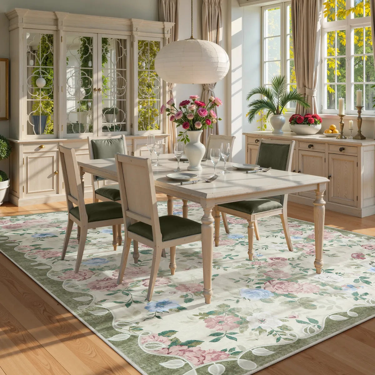 Nina Washable Romantic Vintage Floral Rose Garden Light Green Rug Area Rugs Lahome