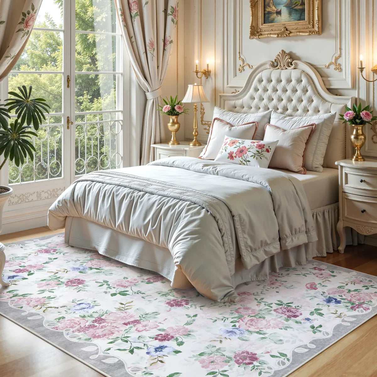 Nina Washable Romantic Vintage Floral Rose Garden Purple Rug Area Rugs Lahome 5' x 7'