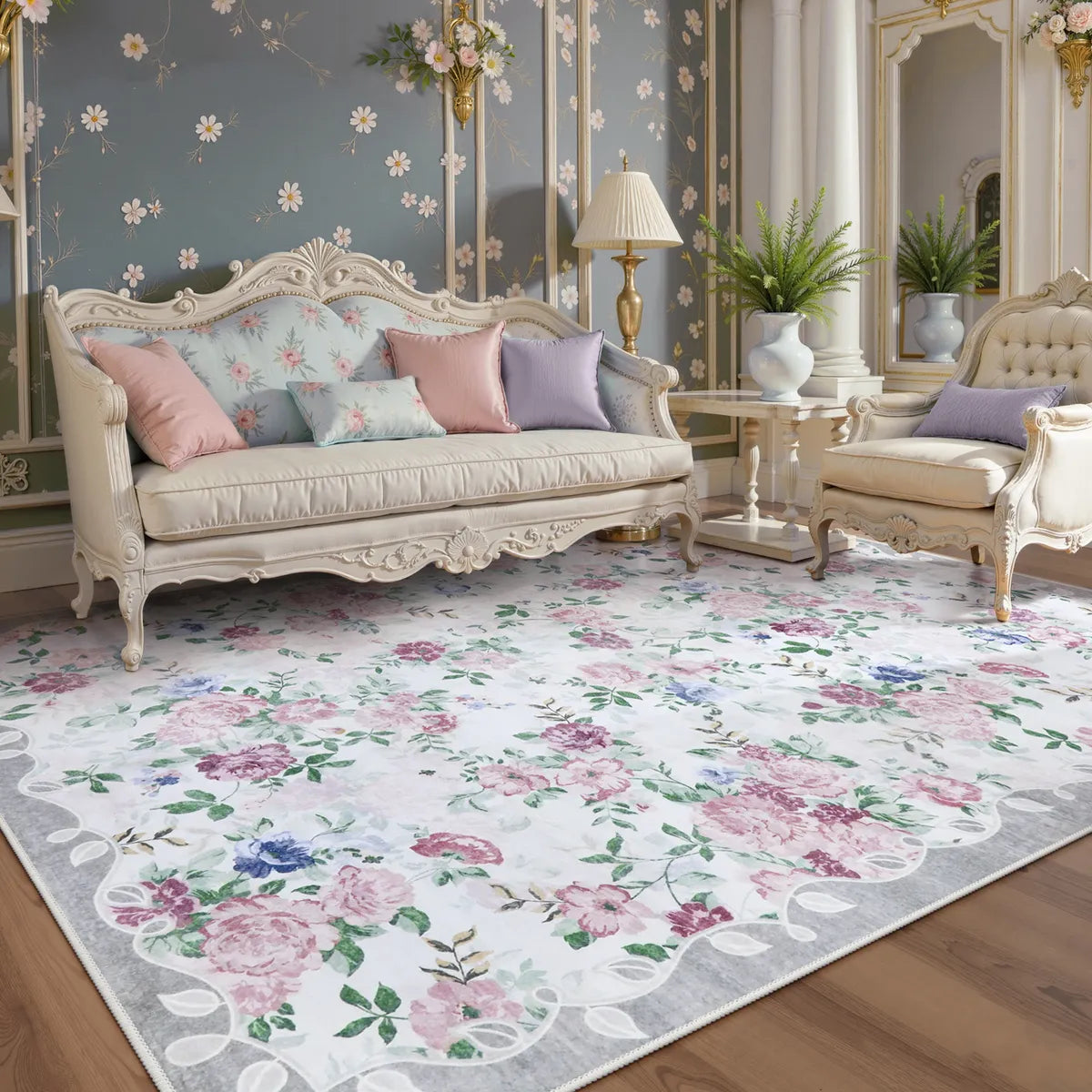 Nina Washable Romantic Vintage Floral Rose Garden Purple Rug Area Rugs Lahome