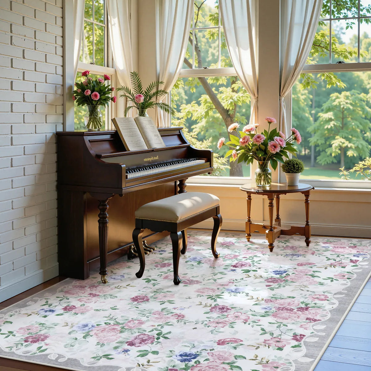 Nina Washable Romantic Vintage Floral Rose Garden Purple Rug Area Rugs Lahome