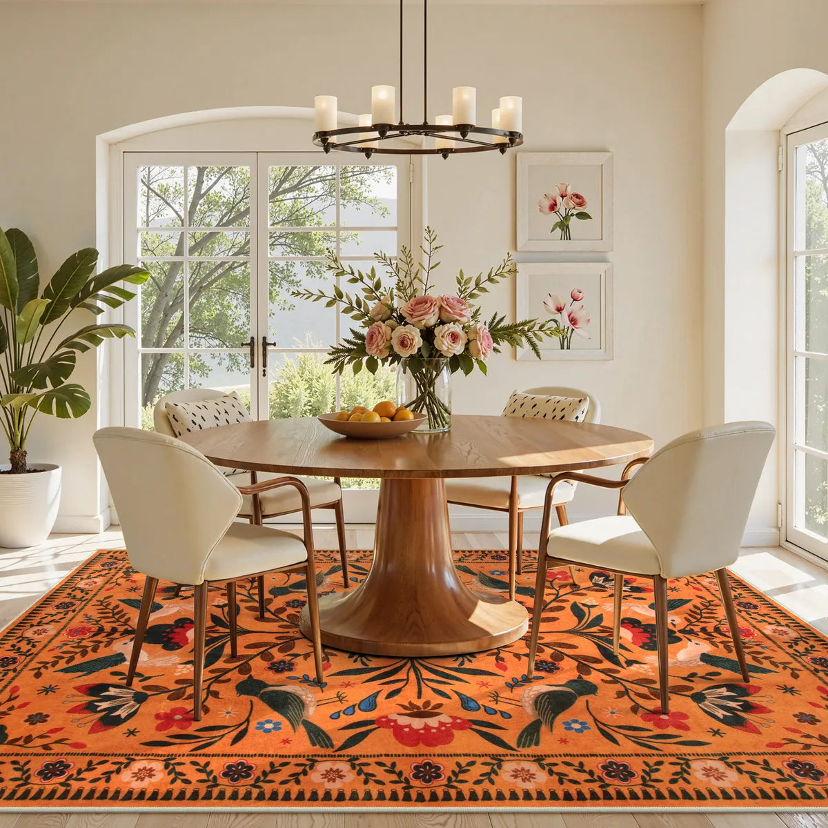 Rosalie Washable Boho Birdsong Floral Garden Orange Rug Area Rugs Lahome