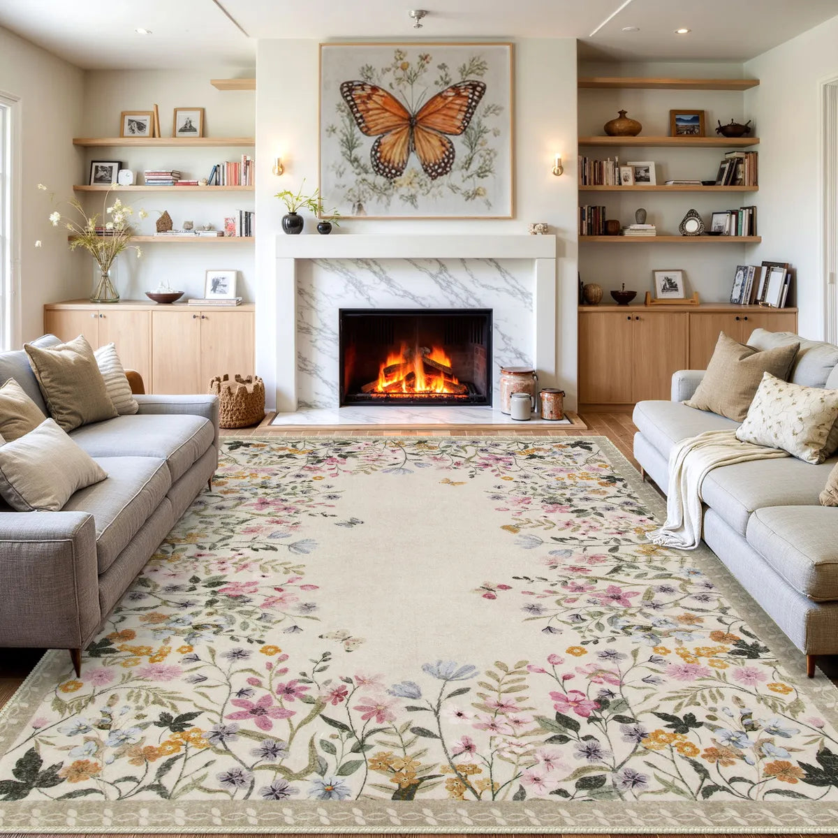 Solene Washable Modern Blooming Floral Garden Beige Rug Area Rugs Lahome 8' x 10'