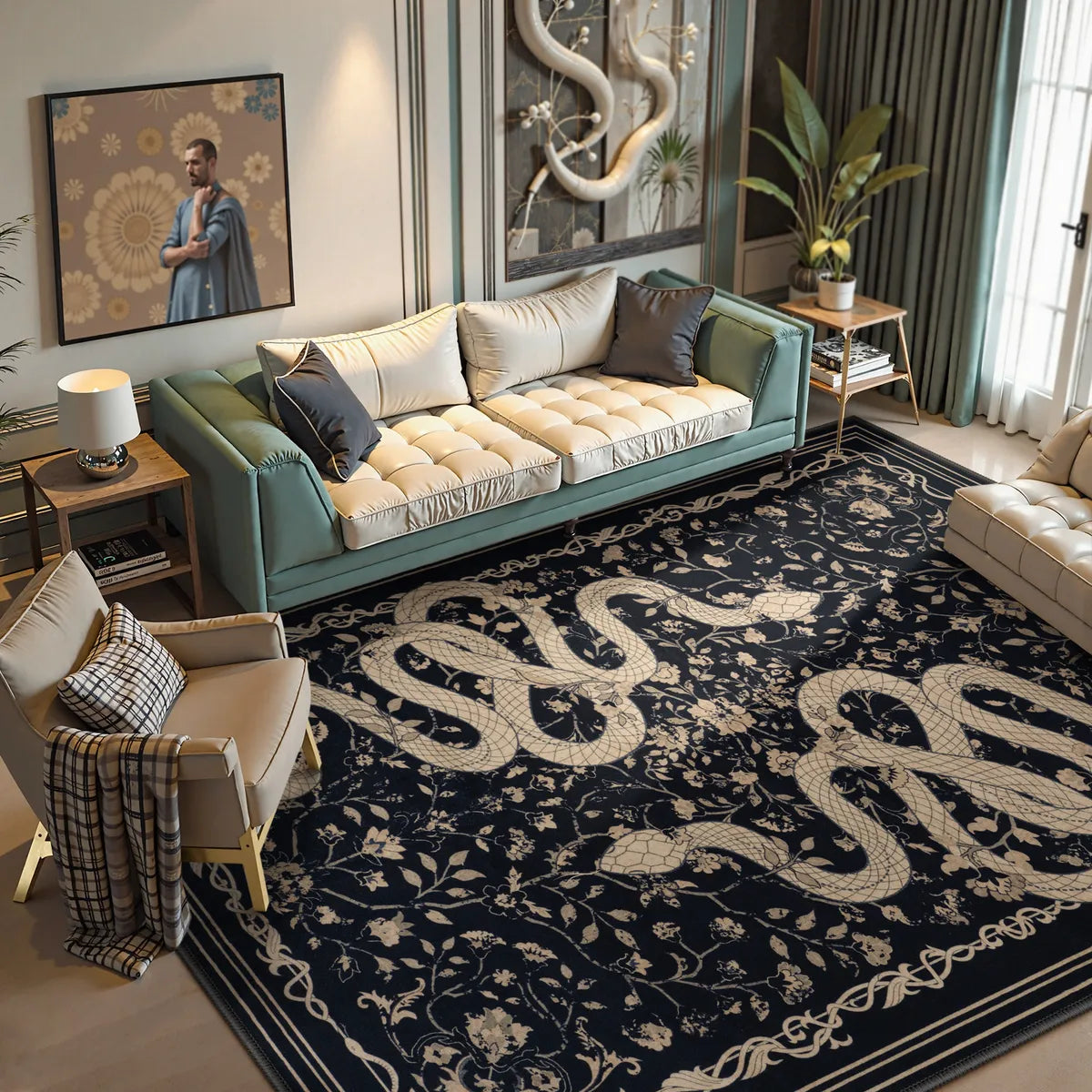 Serpente Washable Mystical Snake Black Rug Area Rugs Lahome 5' x 7'