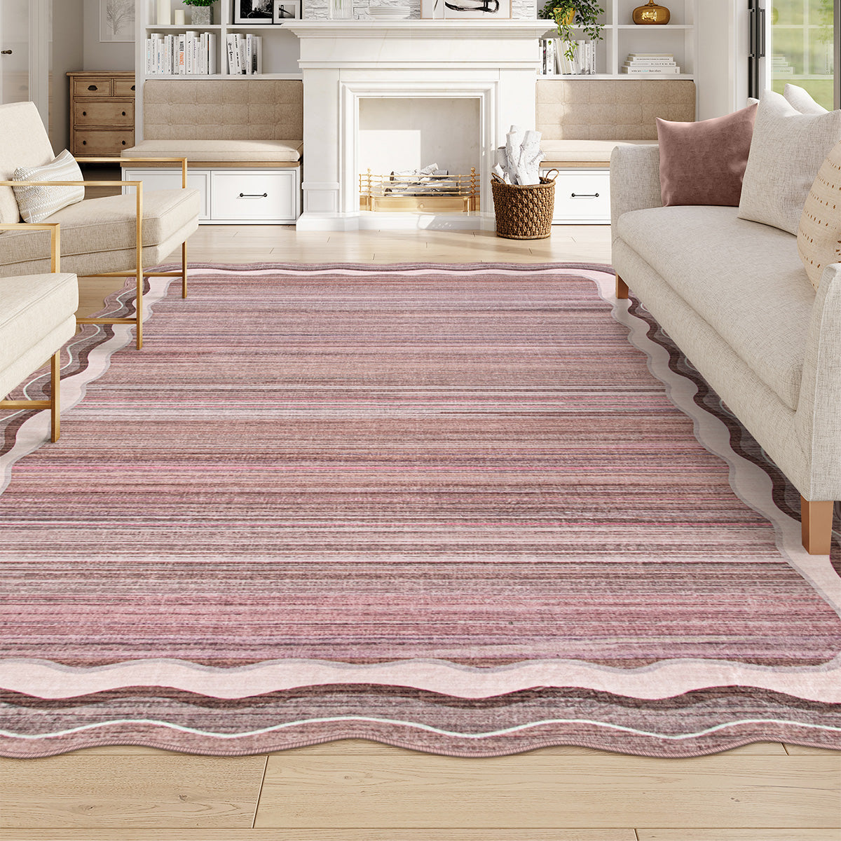 Estelle Washable Modern Abstract Bordered Scalloped Pink Rug Irregular Rugs Lahome 8' x 10'