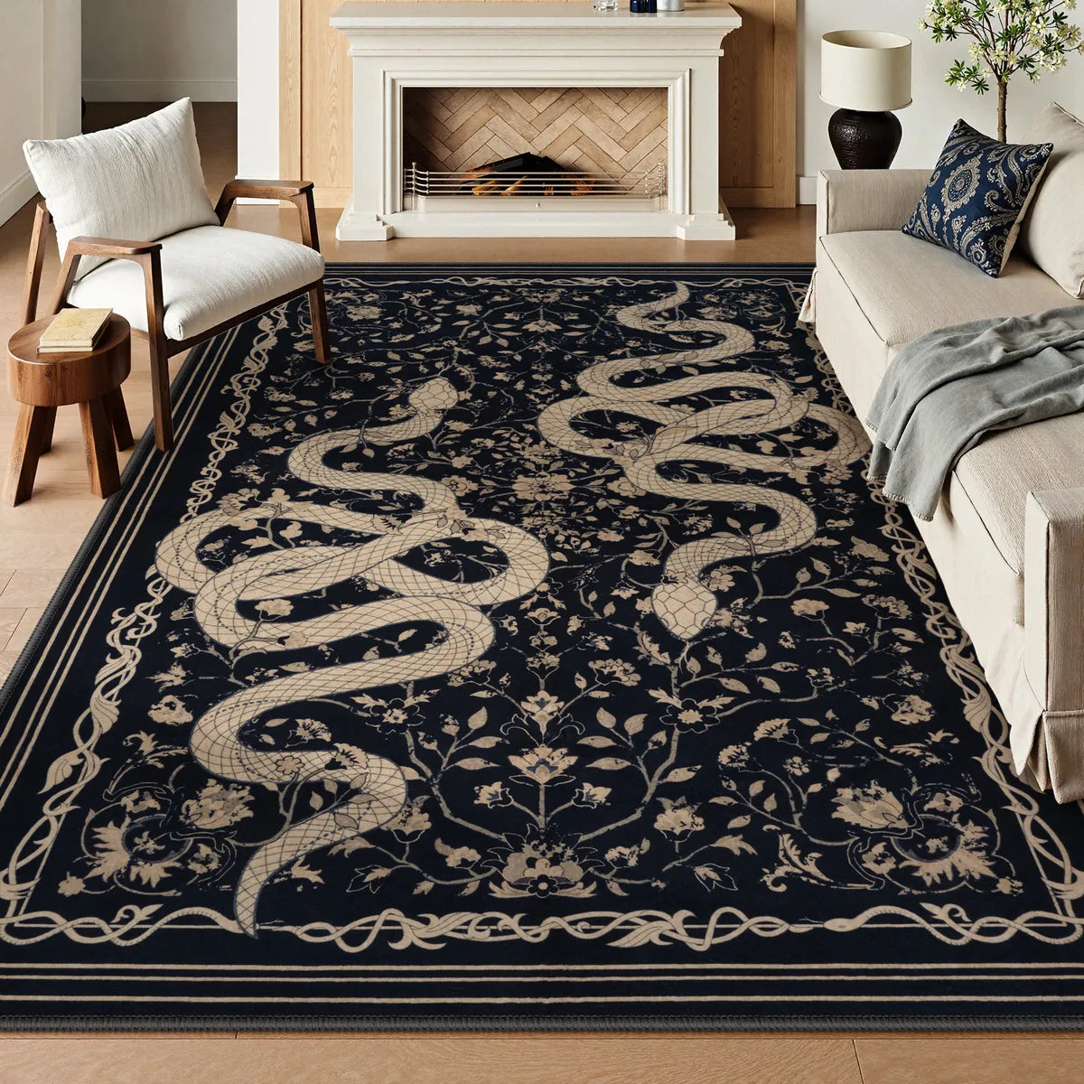 Serpente Washable Mystical Snake Black Rug Area Rugs Lahome