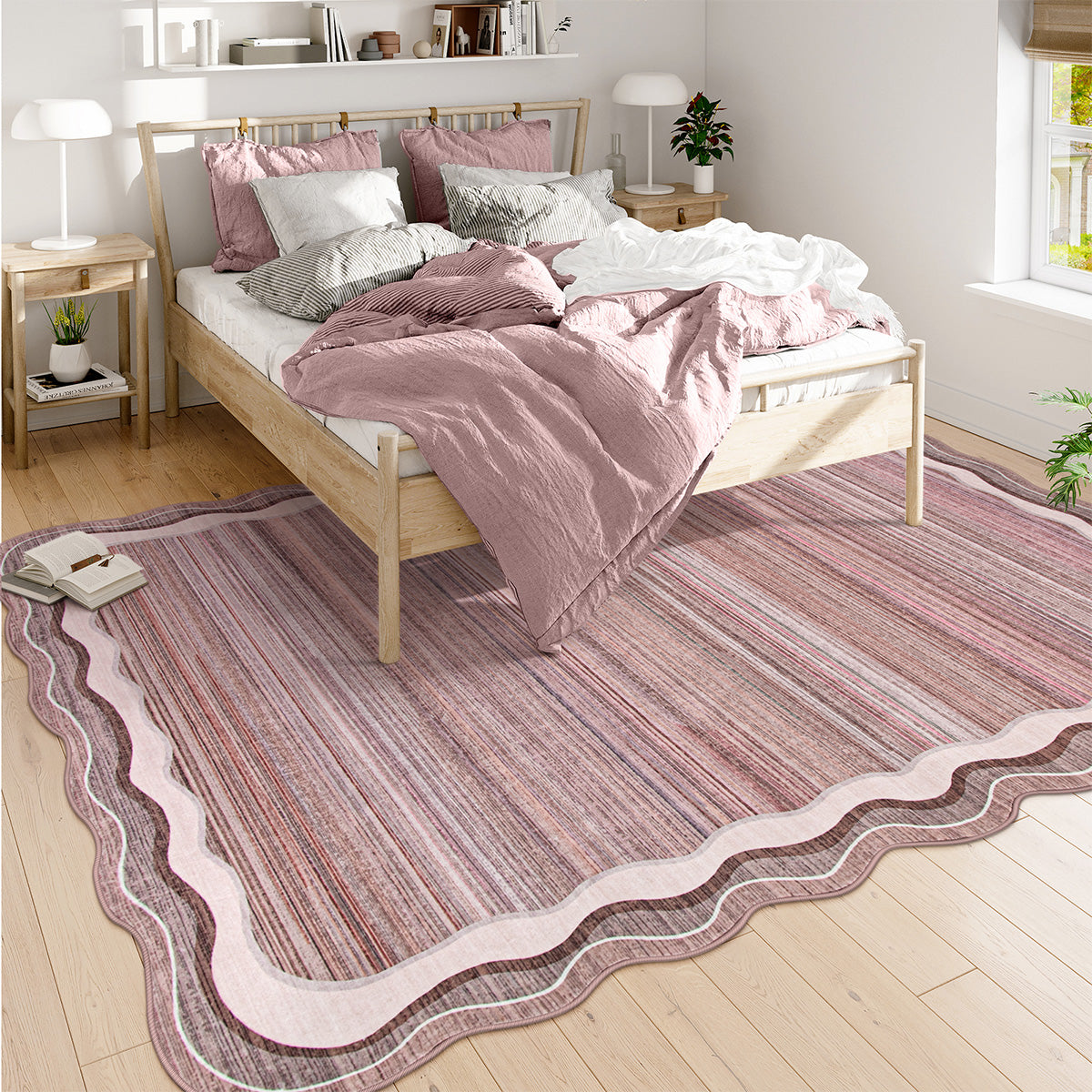 Estelle Washable Modern Abstract Bordered Scalloped Pink Rug Irregular Rugs Lahome