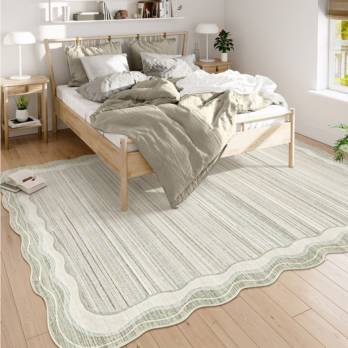 Estelle Washable Modern Abstract Bordered Scalloped Beige Rug Irregular Rugs Lahome