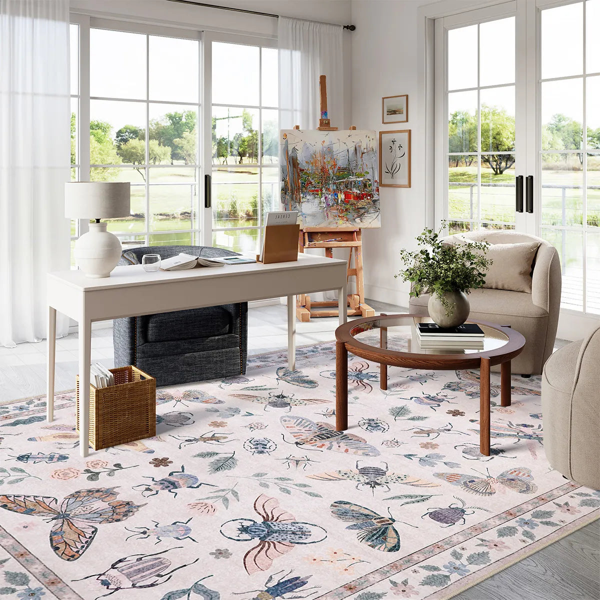 Vionnet Washable Modern Parisian Insect Light Pink Rug1 Area Rugs Lahome